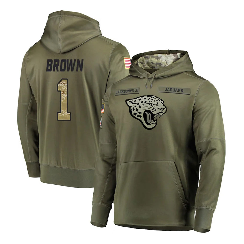 J.Jaguars #1 Montaric Brown Player Olive Salute to Service Pullover Hoodies Home Game Odoa Stitched Jerseys