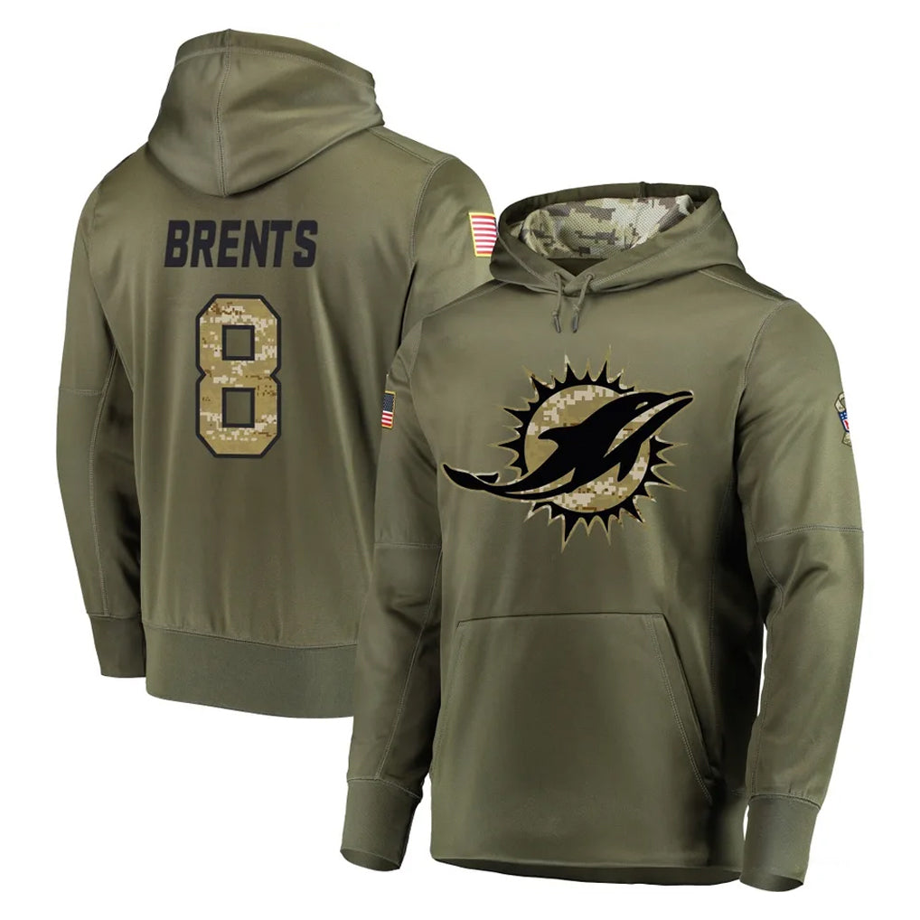 M.Dolphins #8 JuJu Brents Player Olive Salute to Service Pullover Hoodies Home Game Odoa Stitched Jerseys