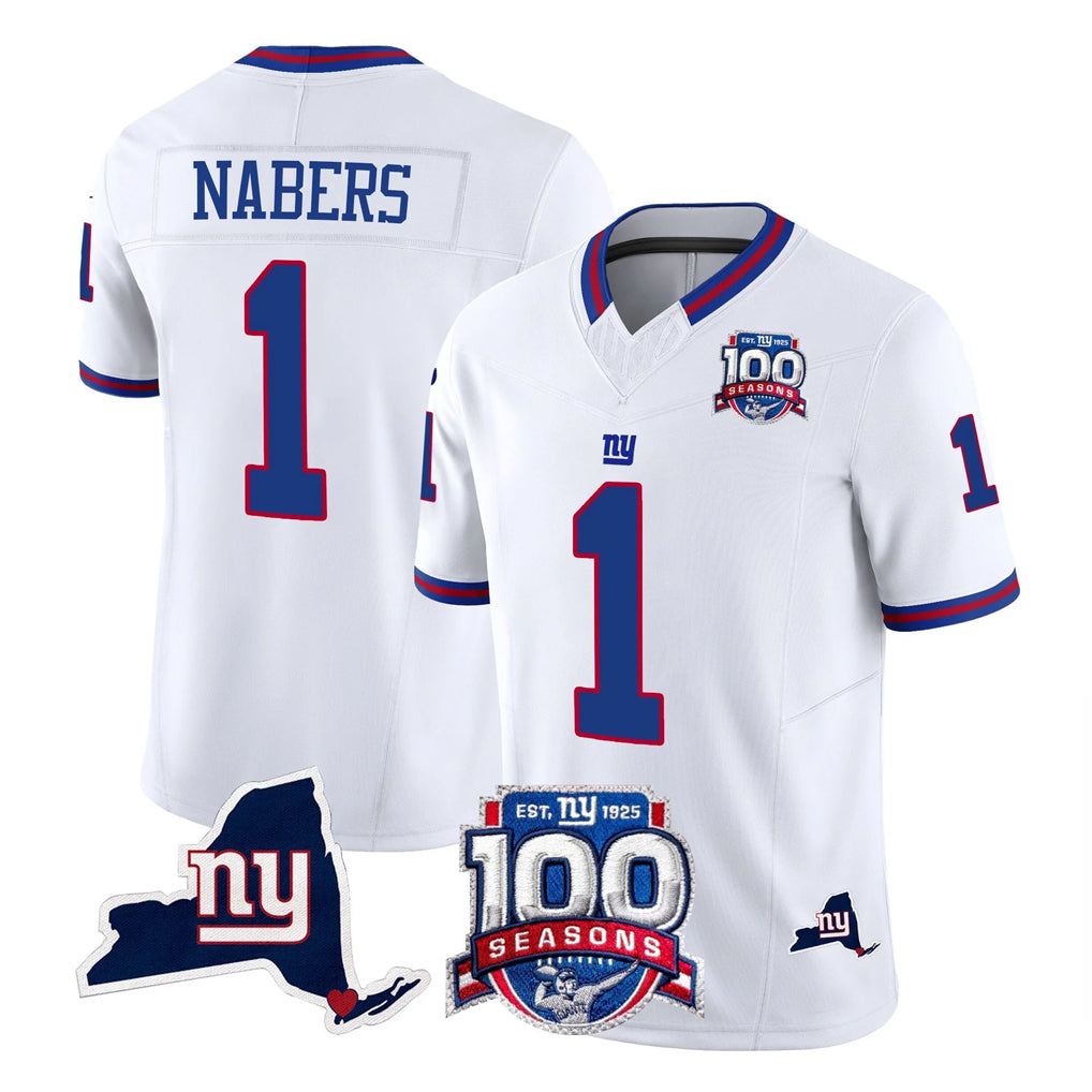 NY.Giants #1 Malik Nabers Player White 100th Season & State Patch Vapor Limited Home Game Odoa Stitched Jerseys