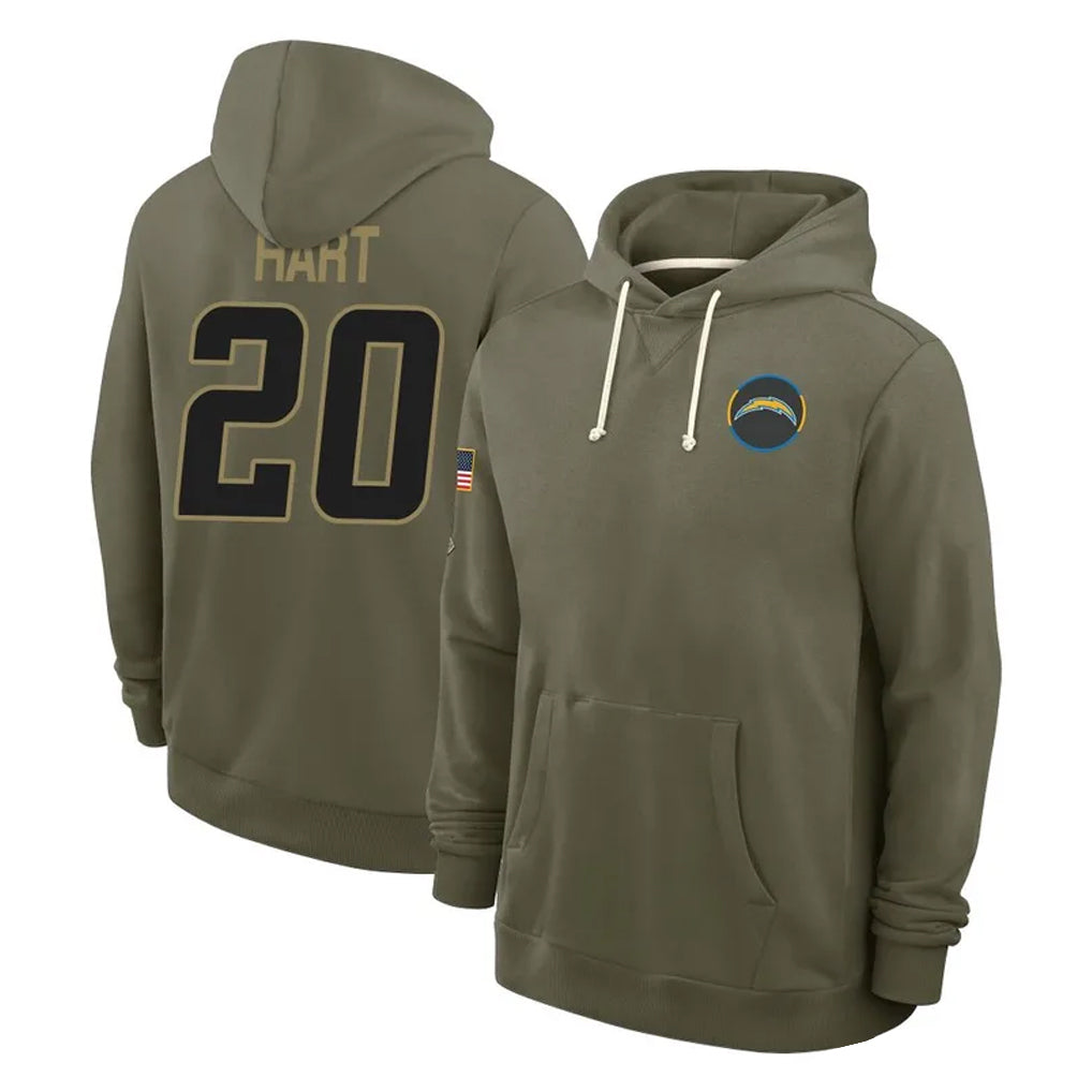 LA.Chargers #20 Cam Hart Player Olive Salute to Service Pullover Hoodies Limited Odoa Stitched Jerseys