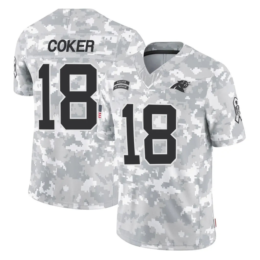 C.Panthers #18 Jalen Coker Player Arctic Camo Salute to Service Limited Game Odoa Stitched Jerseys
