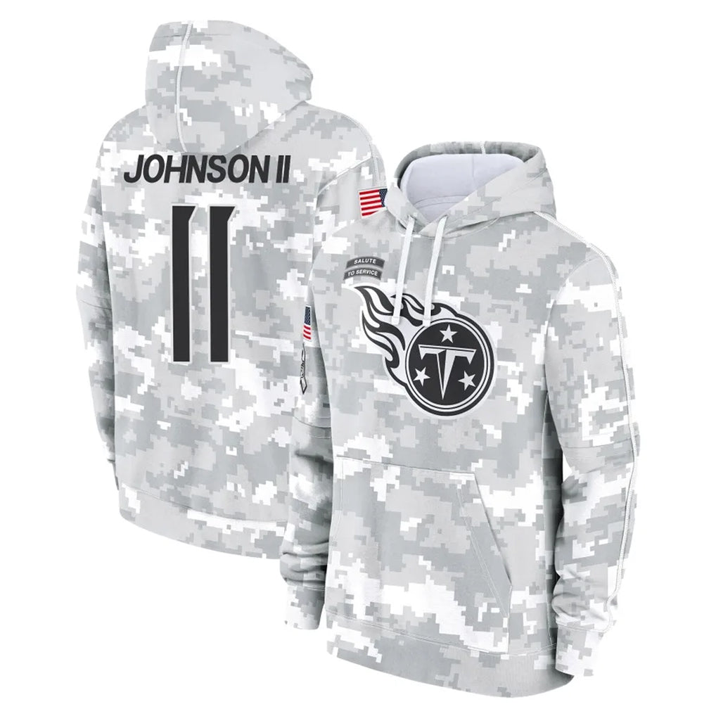 T.Titans #11 Jermaine Johnson II Player Camo Arctic Salute to Service Pullover Hoodies Home Game Odoa Stitched Jerseys