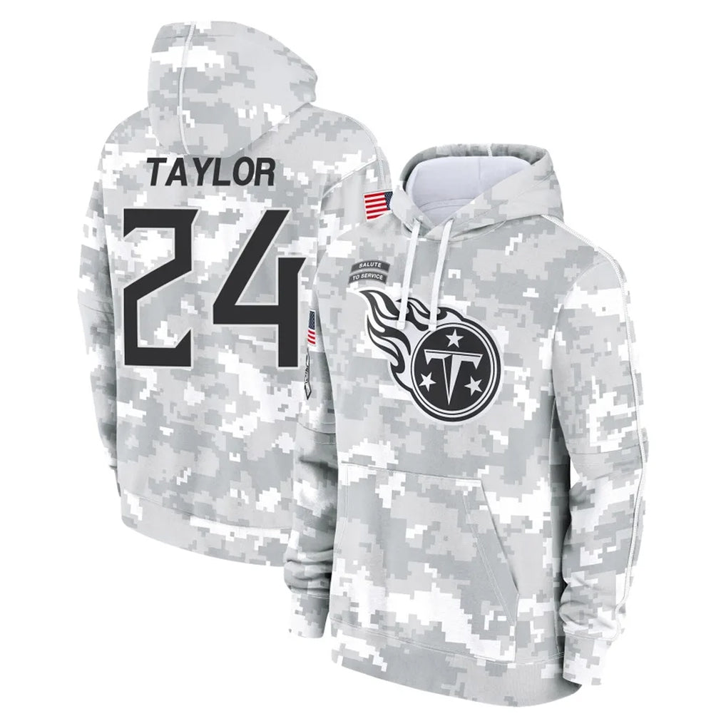 T.Titans #24 Alontae Taylor Player Camo Arctic Salute to Service Pullover Hoodies Home Game Odoa Stitched Jerseys