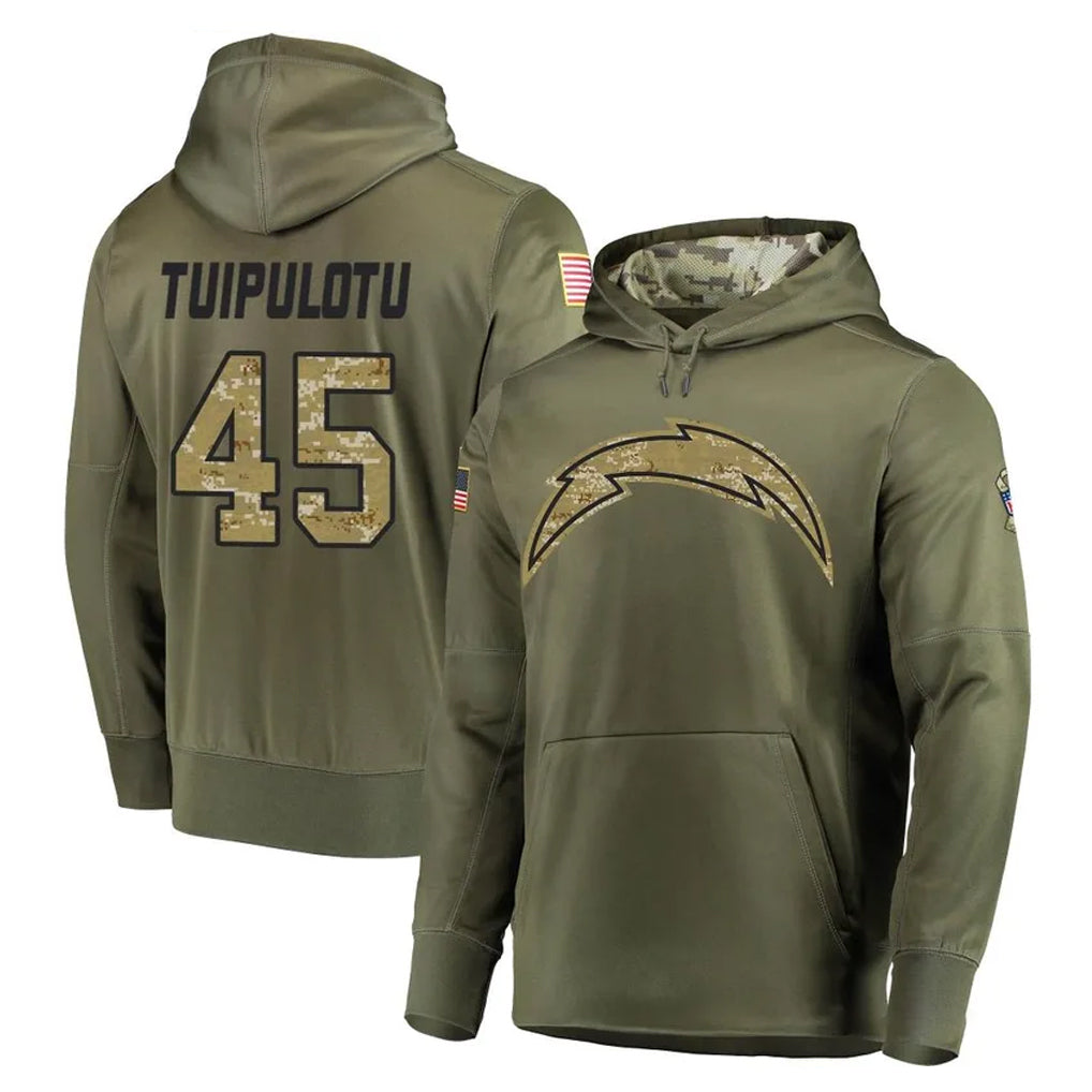LA.Chargers #45 Tuli Tuipulotu Player Olive Salute to Service Pullover Hoodies Home Game Odoa Stitched Jerseys