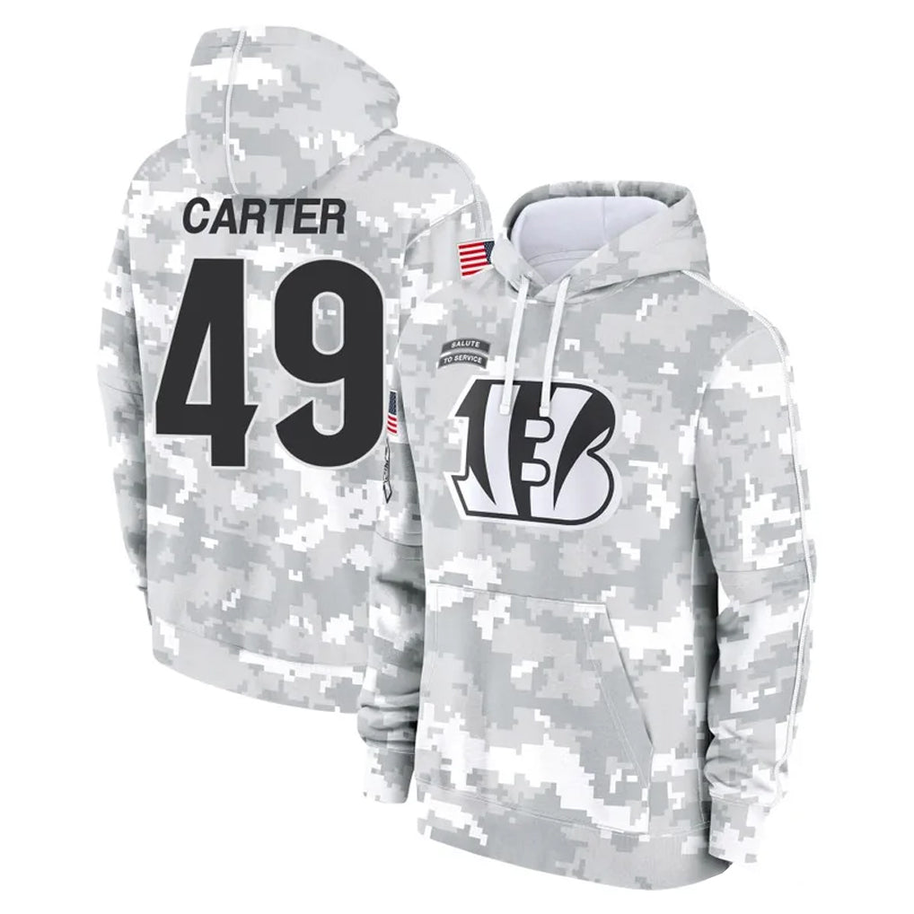 C.Bengals #49 Barrett Carter Player Arctic Camo Salute to Service Pullover Hoodie Limited Odoa Stitched Jerseys