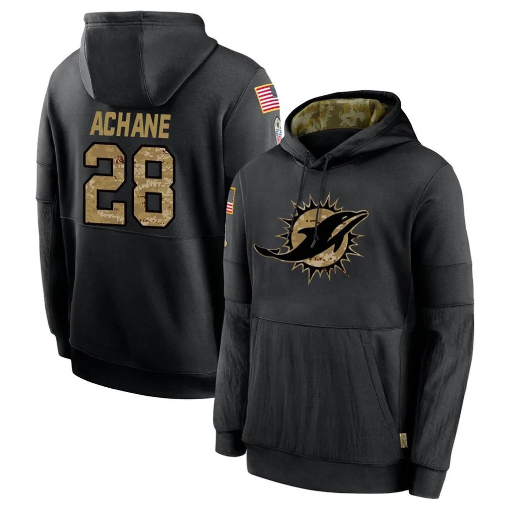 M.Dolphins #28 De'Von Achane Player Black Salute to Service Hoodies Limited Game Odoa Stitched Jerseys