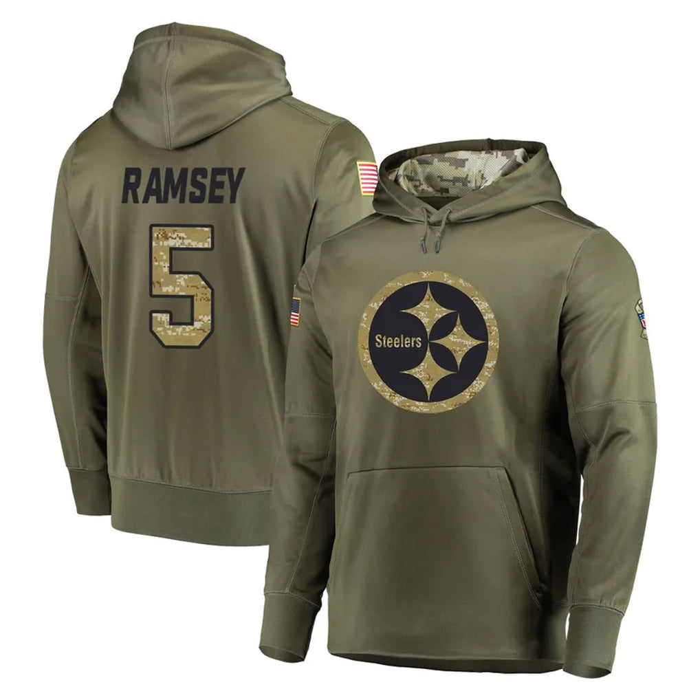 P.Steelers #5 Jalen Ramsey Player Olive Salute to Service Pullover Hoodie Home Game Odoa Stitched Jerseys