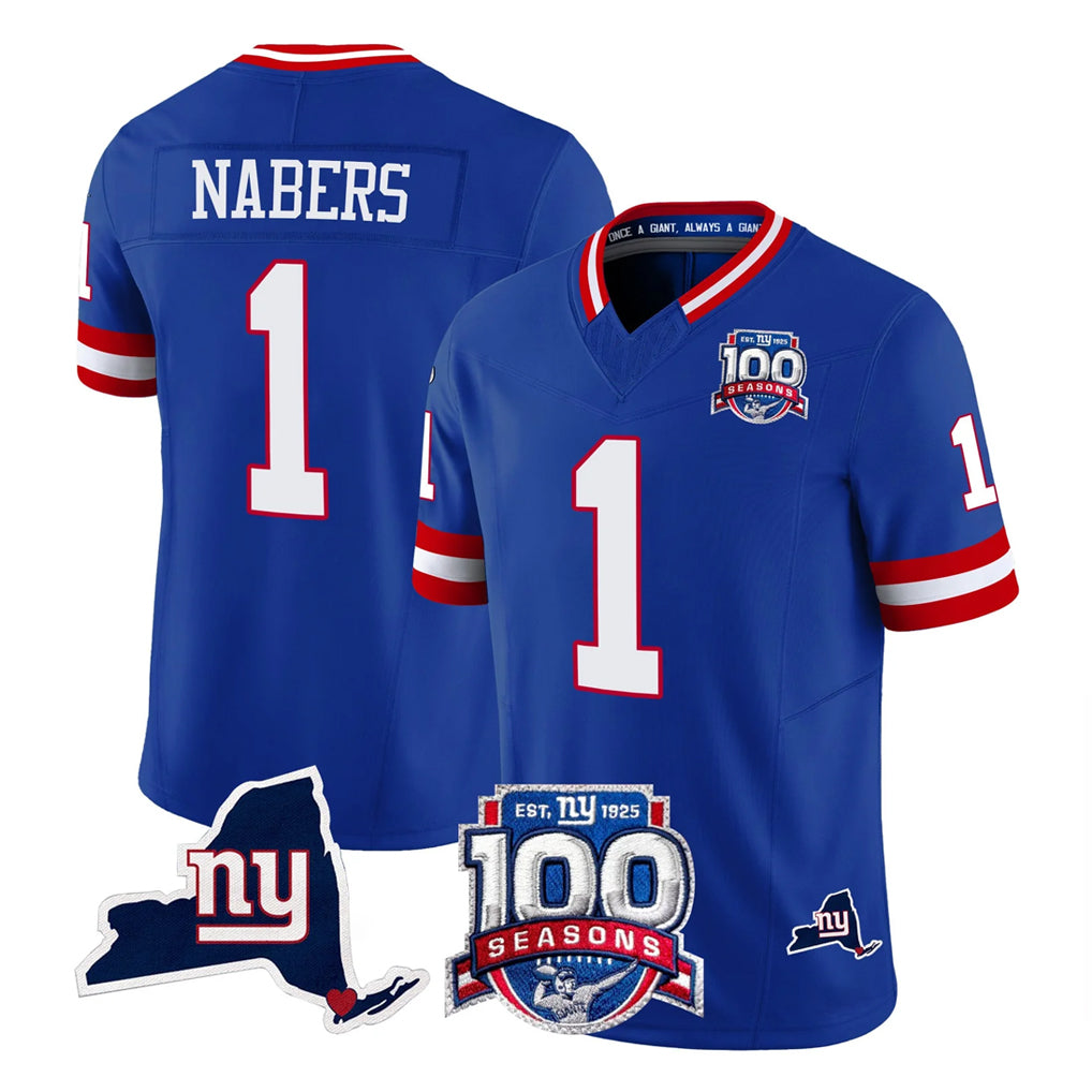 NY.Giants #1 Malik Nabers Player Royal 100th Season & State Patch Vapor Limited Home Game Odoa Stitched Jerseys