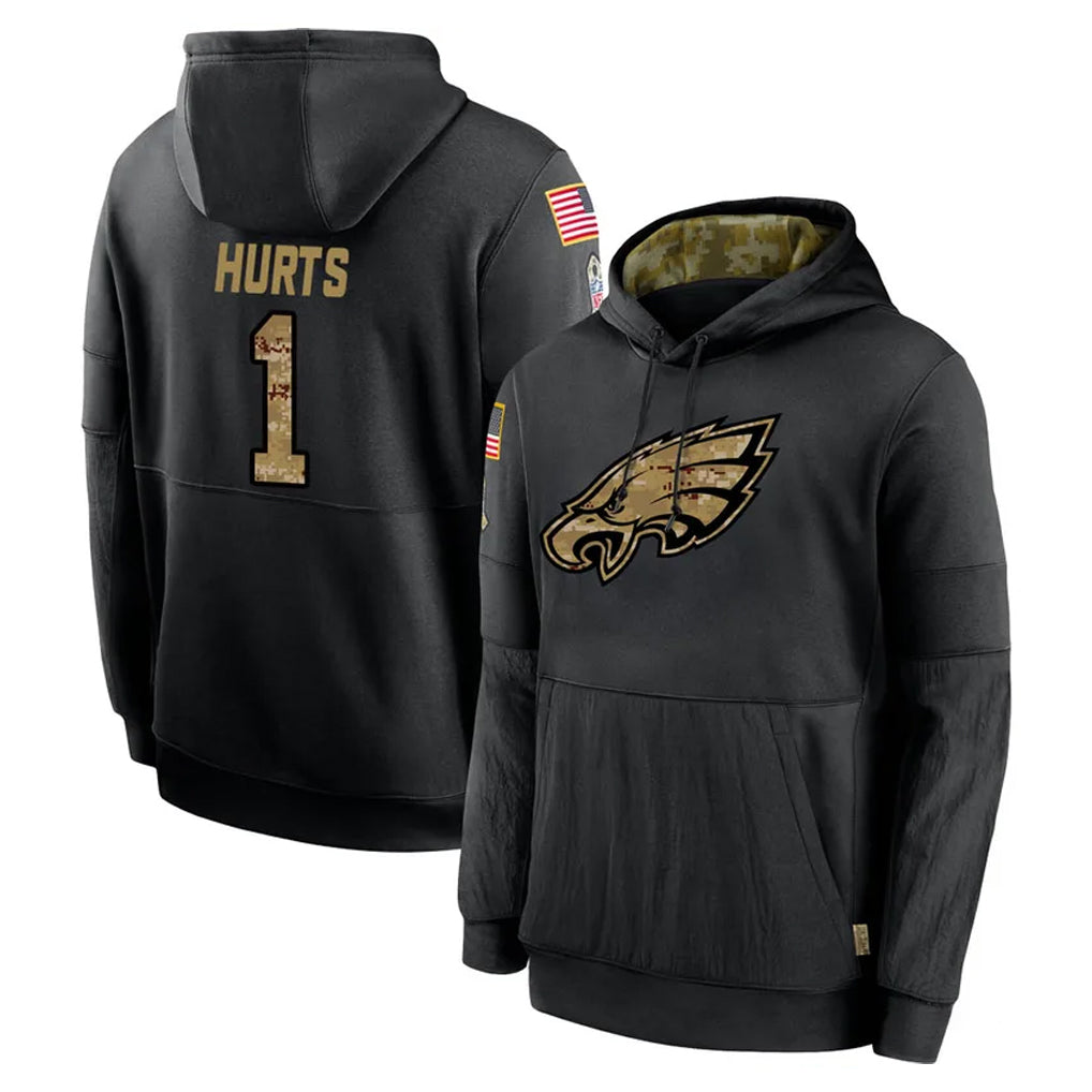 P.Eagles #1 Jalen Hurts Player Black Salute to Service Hoodies Limited Game Odoa Stitched Jerseys
