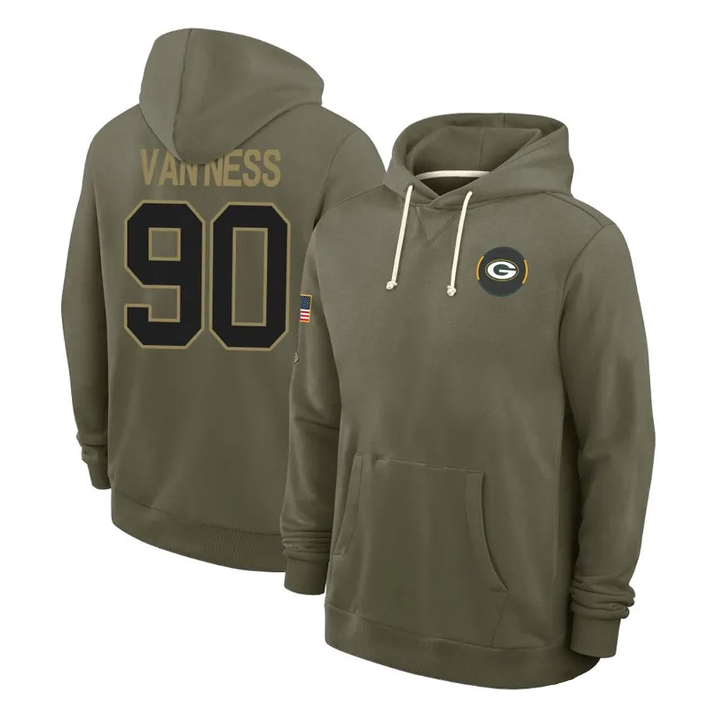 GB.Packers #90 Lukas Van Ness Player Olive Salute to Service Pullover Hoodies Limited Odoa Stitched Jerseys