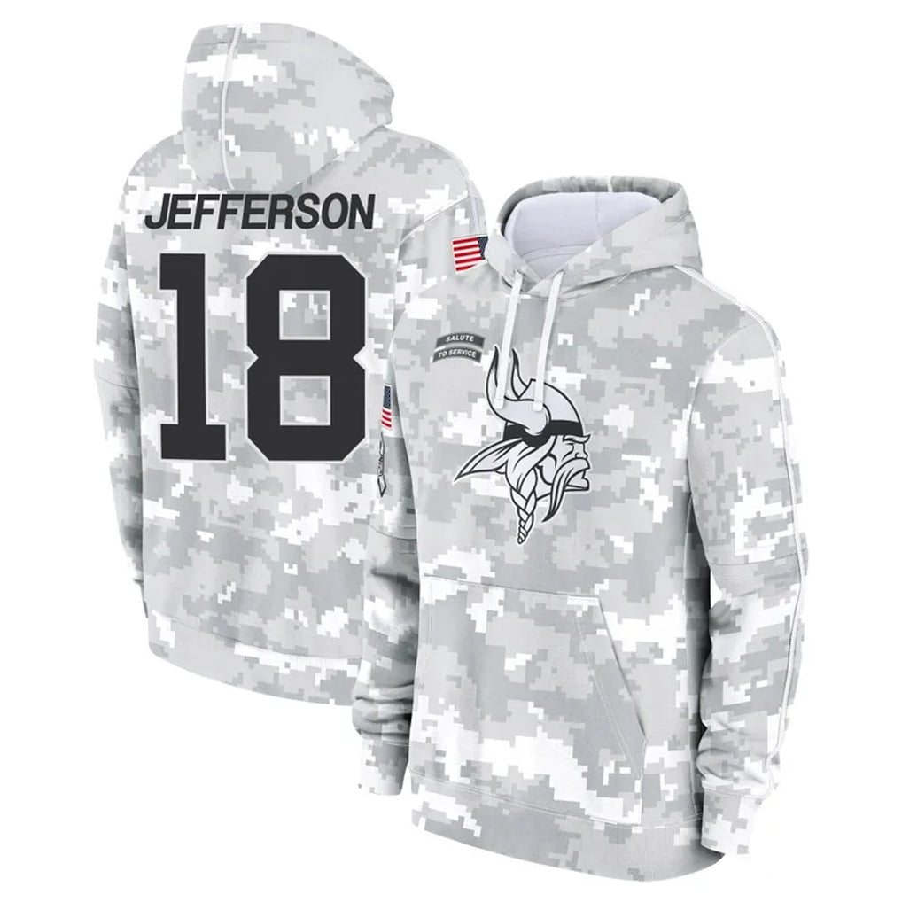 M.Vikings #18 Justin Jefferson Player Arctic Camo Salute to Service Pullover Hoodies Limited Game Odoa Stitched Jerseys