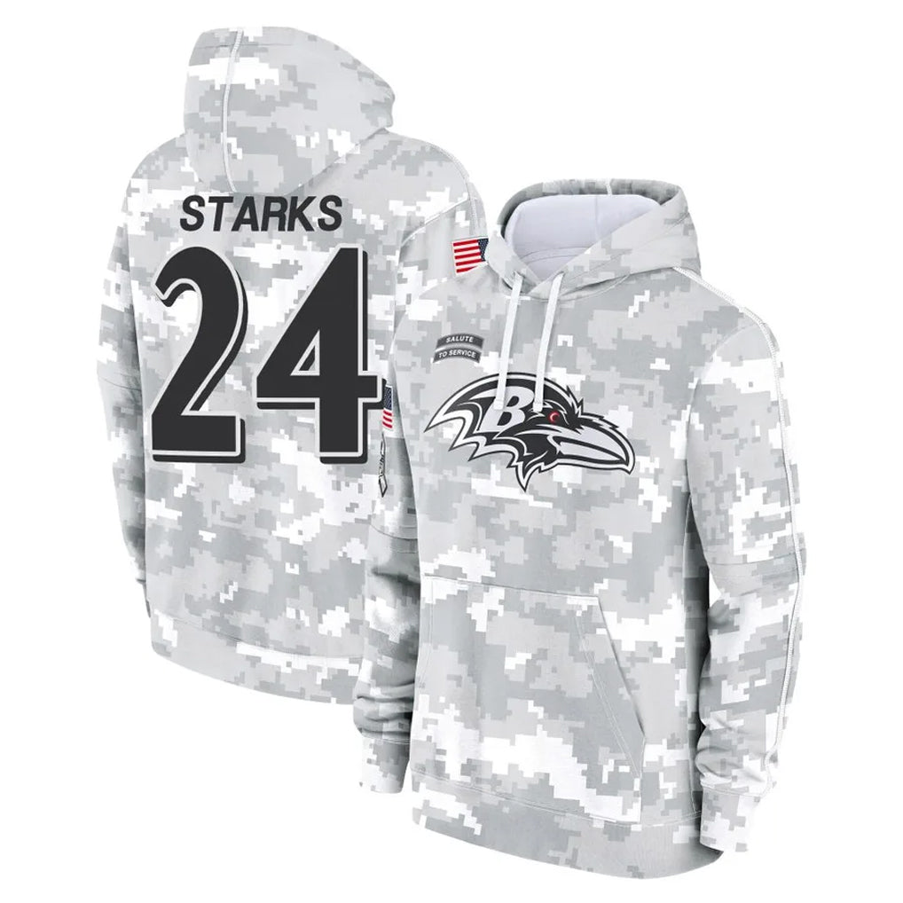 B.Ravens #24 Malaki Starks Player Arctic Camo Salute to Service Pullover Hoodie Odoa Stitched Jerseys