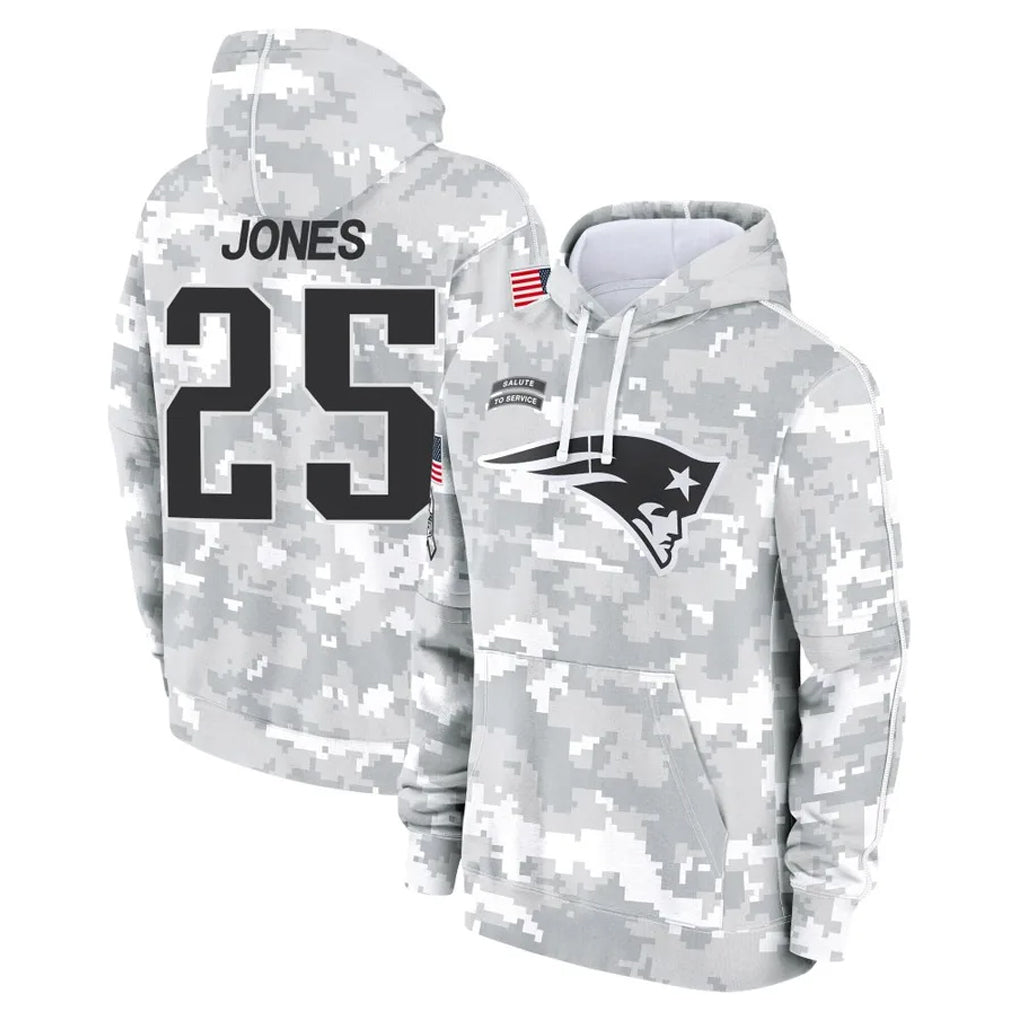 NE.Patriots #25 Marcus Jones Player Arctic Camo Salute to Service Pullover Hoodies Limited Game Odoa Stitched Jerseys
