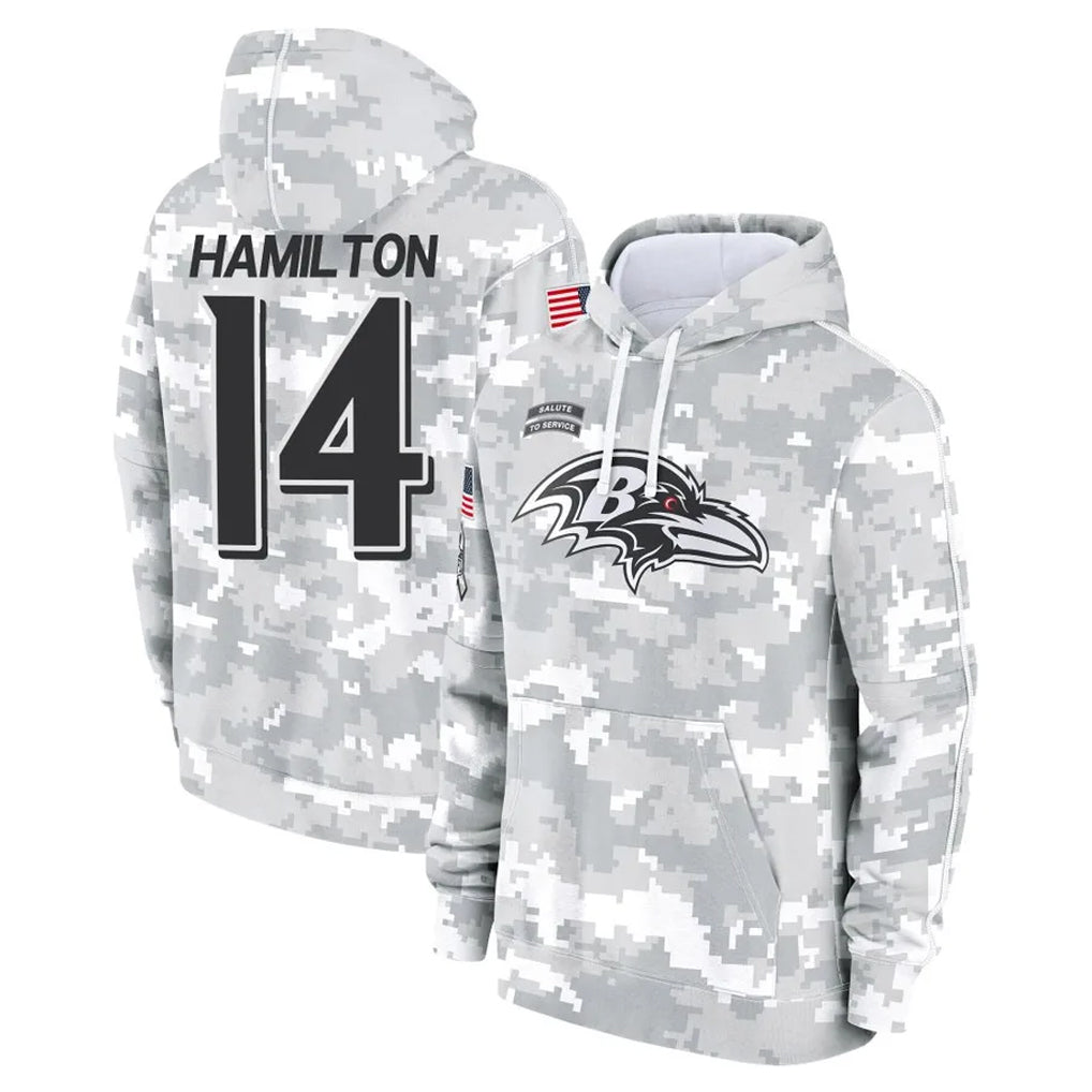 B.Ravens #14 Kyle Hamilton Player Arctic Camo Salute to Service Pullover Hoodie Odoa Stitched Jerseys
