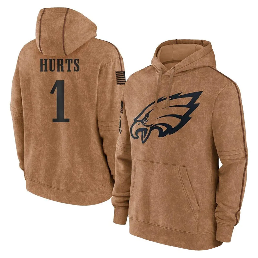 P.Eagles #1 Jalen Hurts Player Brown Salute to Service Pullover Hoodies Limited Game Odoa Stitched Jerseys