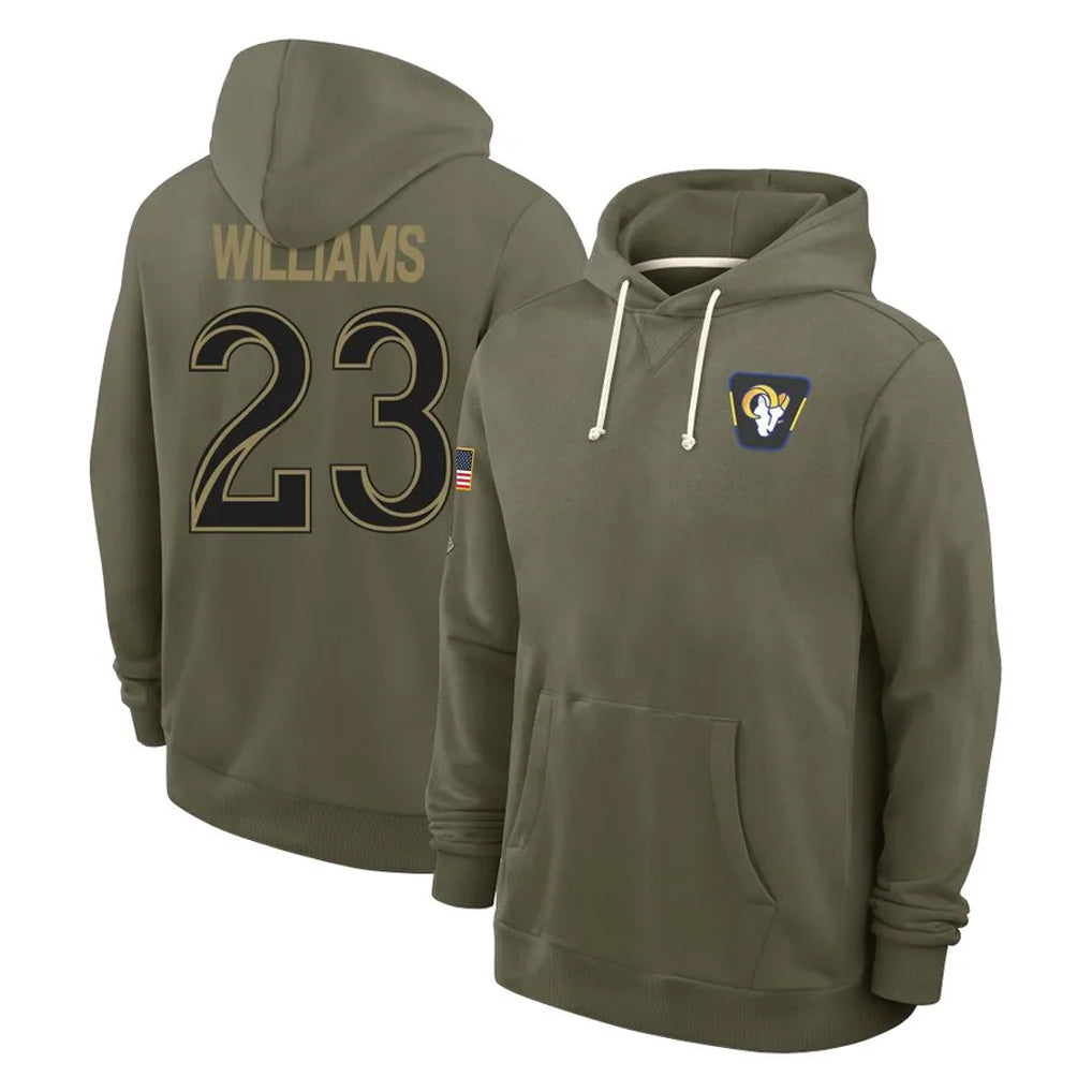 LA.Rams #23 Kyren Williams Player Olive Salute to Service Pullover Hoodies Limited Odoa Stitched Jerseys