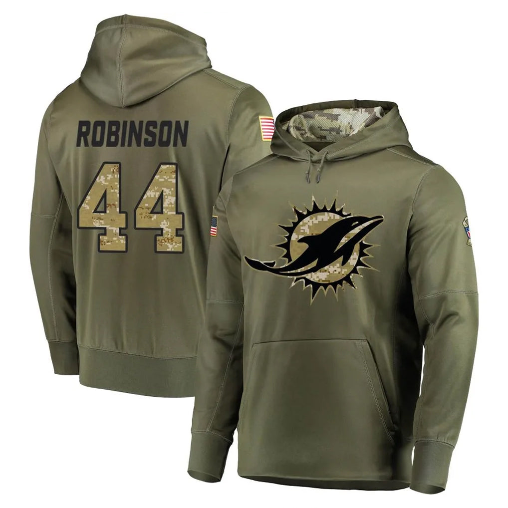 M.Dolphins #44 Chop Robinson Player Olive Salute to Service Pullover Hoodies Home Game Odoa Stitched Jerseys