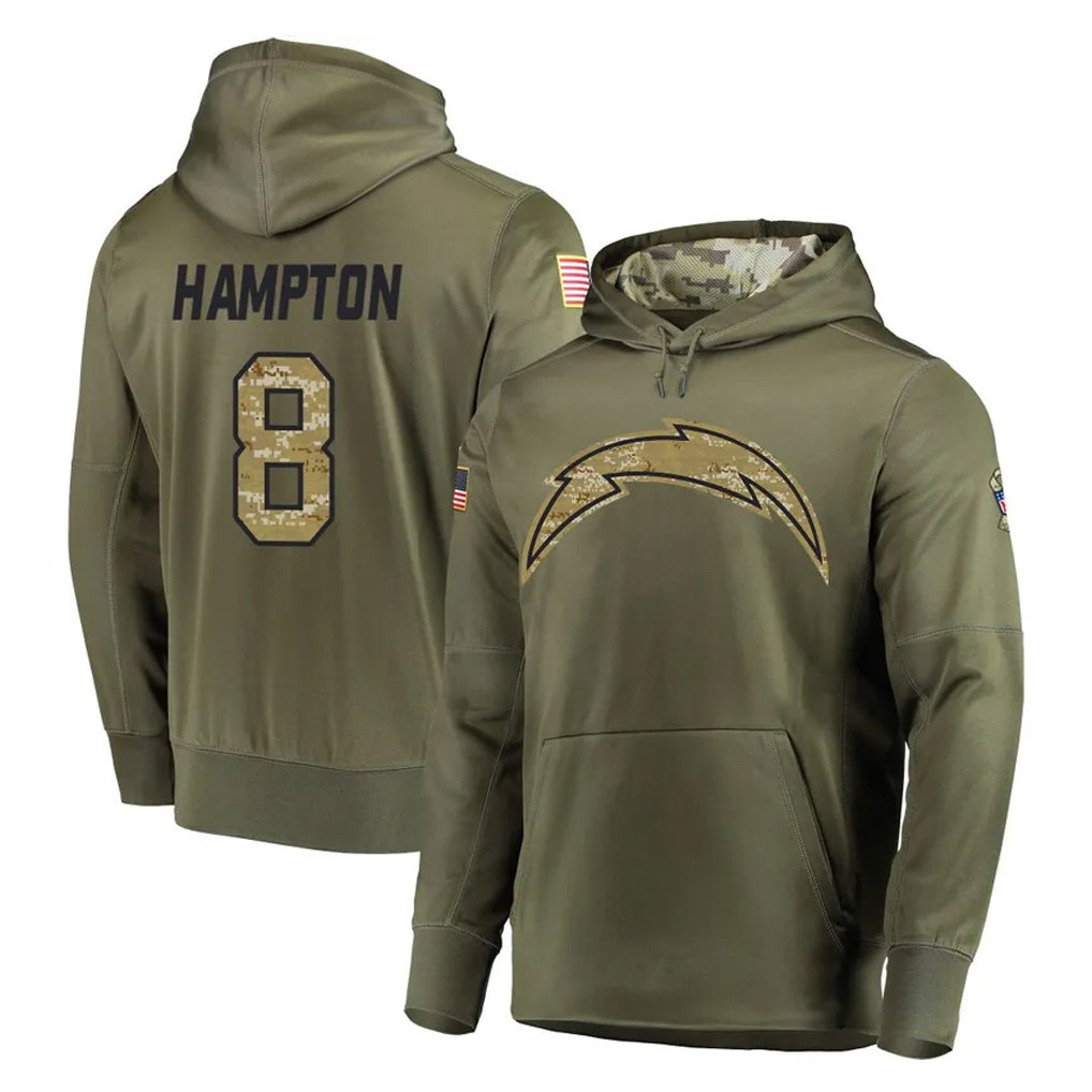 LA.Chargers #8 Omarion Hampton Player Olive Salute to Service Pullover Hoodies Home Game Odoa Stitched Jerseys
