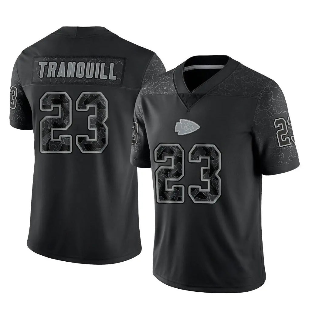 KC.Chiefs #23 Drue Tranquill Player Black Limited Reflective Game Odoa Stitched Jerseys