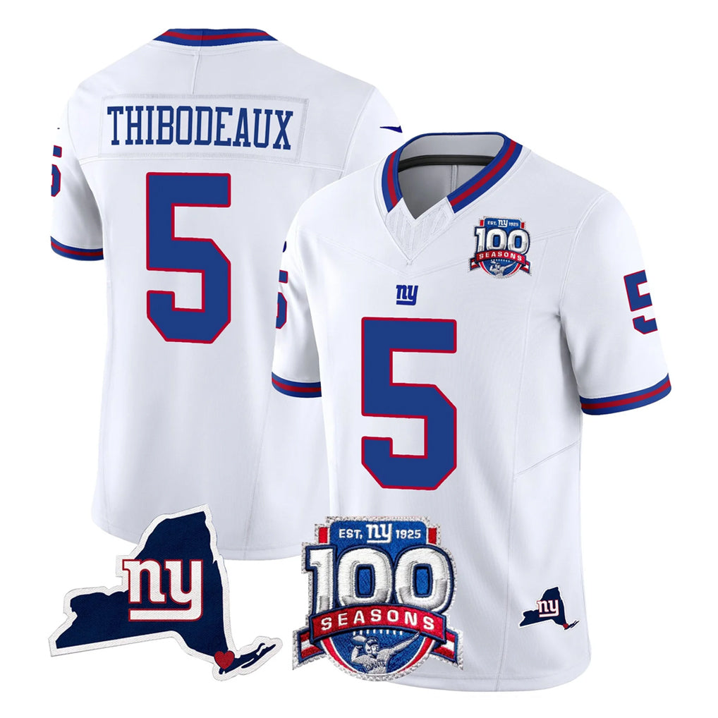 NY.Giants #5 Kayvon Thibodeaux Player White 100th Season & State Patch Vapor Limited Home Game Odoa Stitched Jerseys