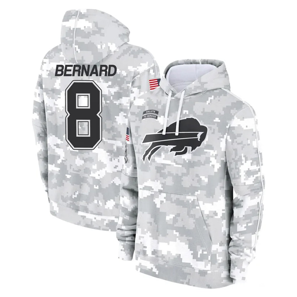 B.Bills #8 Terrel Bernard Player Arctic Camo Salute to Service Hoodies Odoa Stitched Jerseys