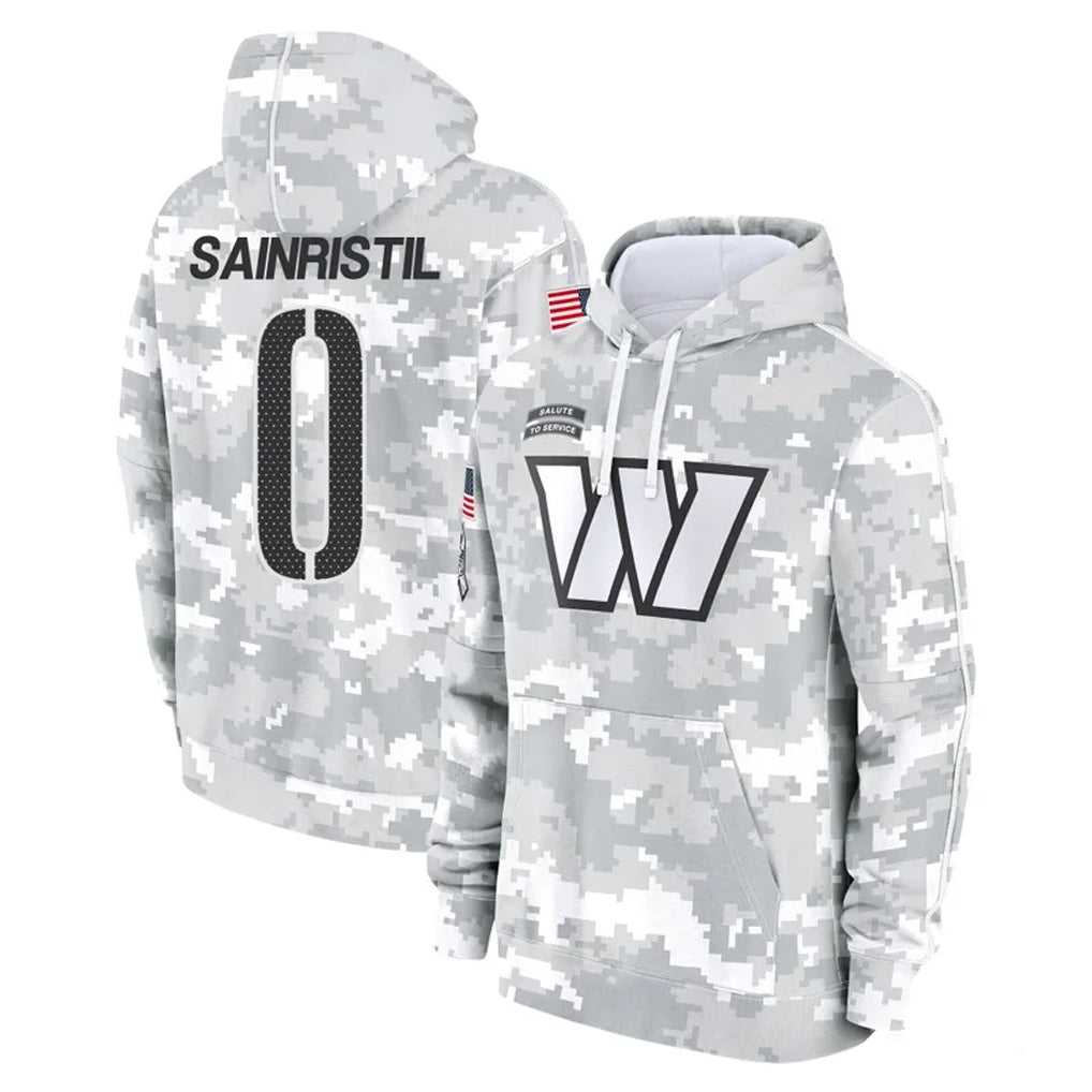 W.Commanders #0 Mike Sainristil Player Arctic Camo Limited Salute to Service Pullover Hoodies Game Odoa Stitched Jerseys
