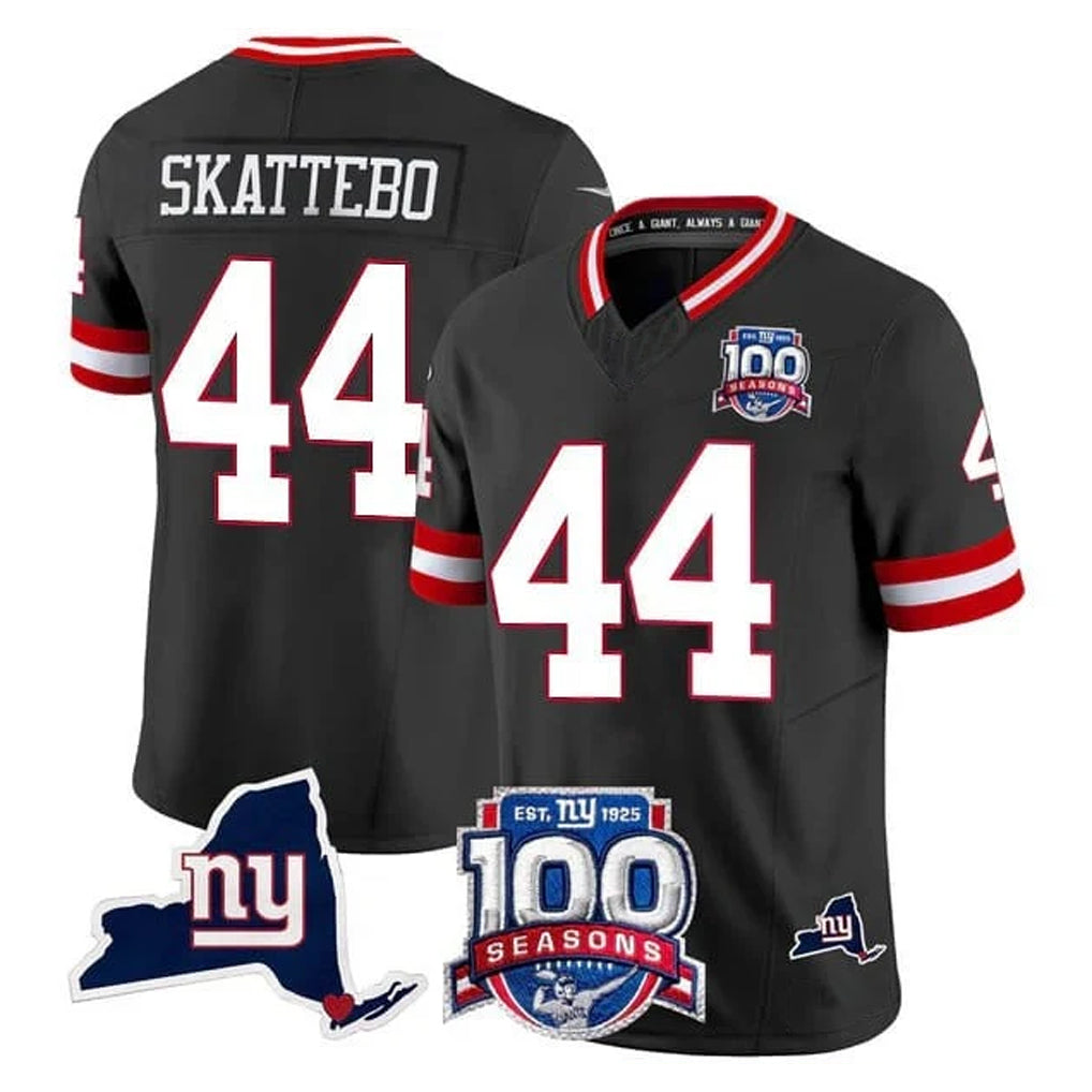 NY.Giants #44 Cam Skattebo Player Black 100th Season & State Patch Vapor Limited Home Game Odoa Stitched Jerseys