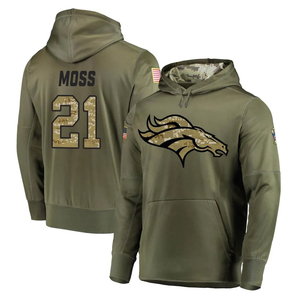 D.Broncos #21 Riley Moss Player Olive Salute to Service Pullover Hoodies Home Game Odoa Stitched Jerseys
