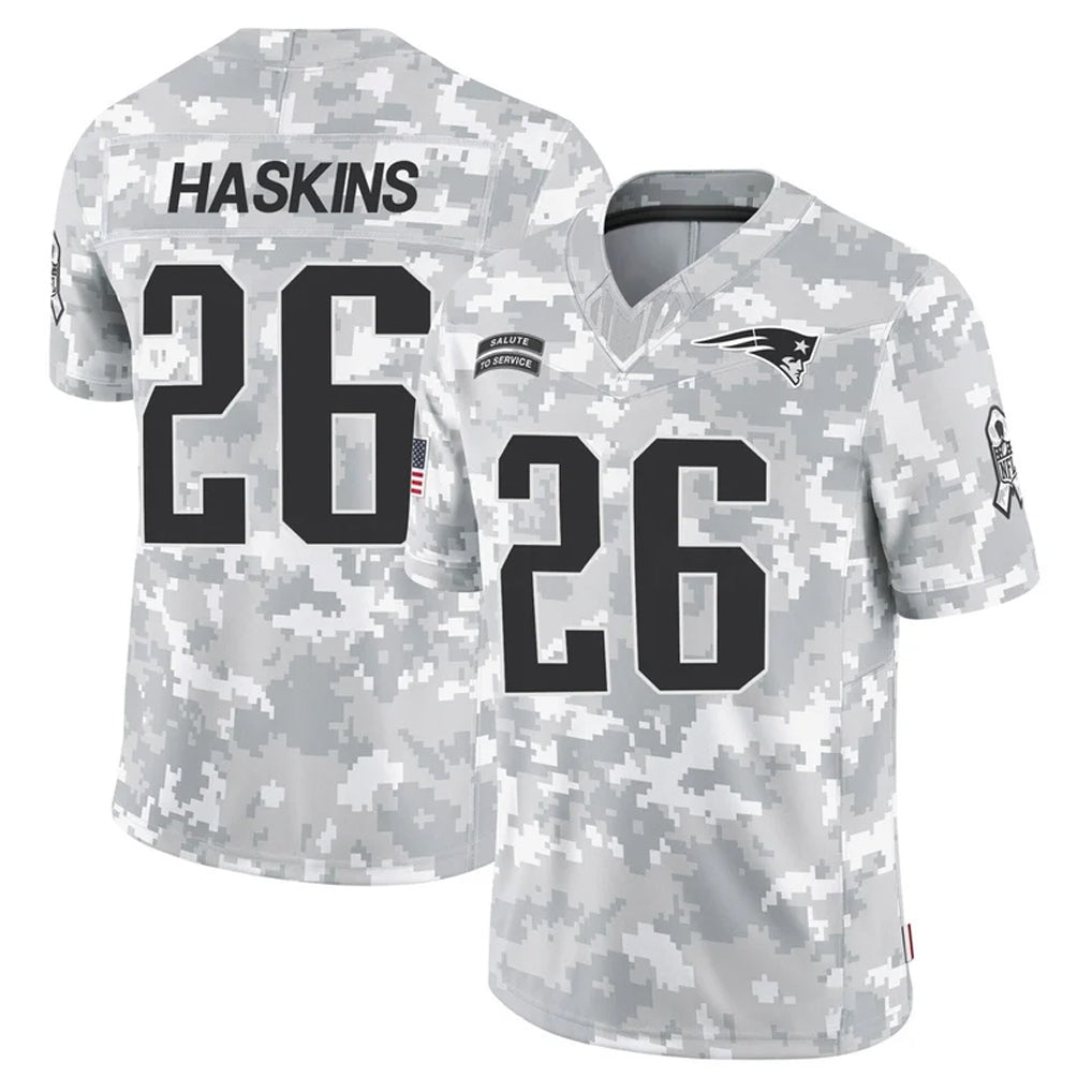 NE.Patriots #26 Hassan Haskins Player Arctic Camo Salute To Service Limited Game Odoa Stitched Jerseys