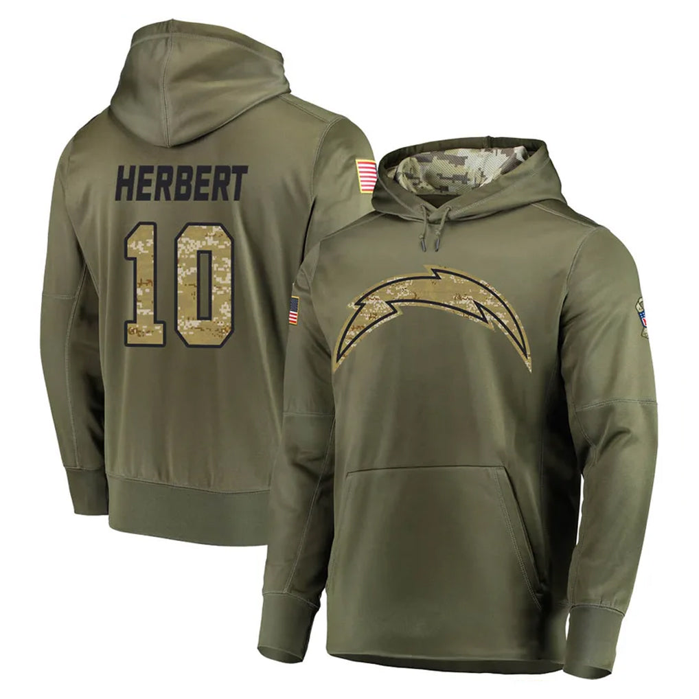 LA.Chargers #10 Justin Herbert Player Olive Salute to Service Pullover Hoodies Home Game Odoa Stitched Jerseys
