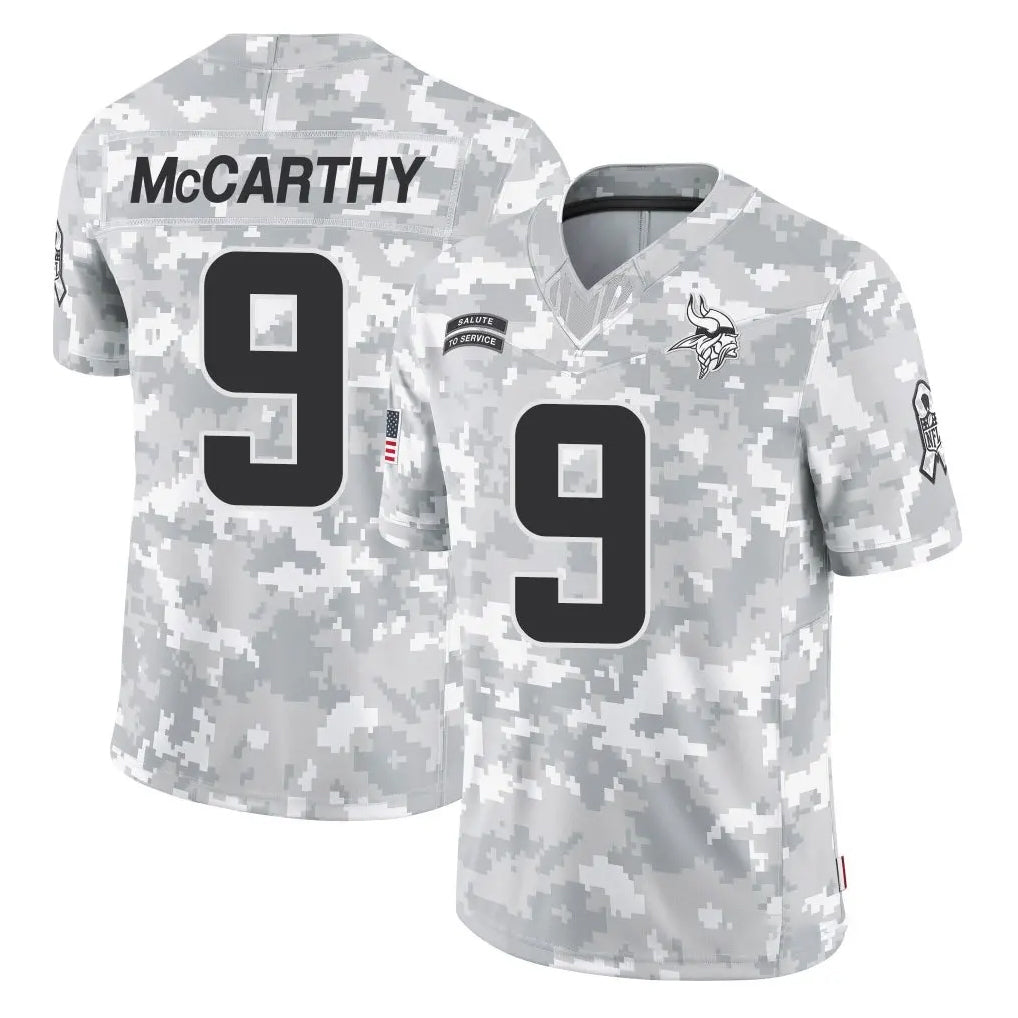 M.Vikings #9 J.J. McCarthy Player Arctic Camo Salute To Service Limited Game Odoa Stitched Jerseys