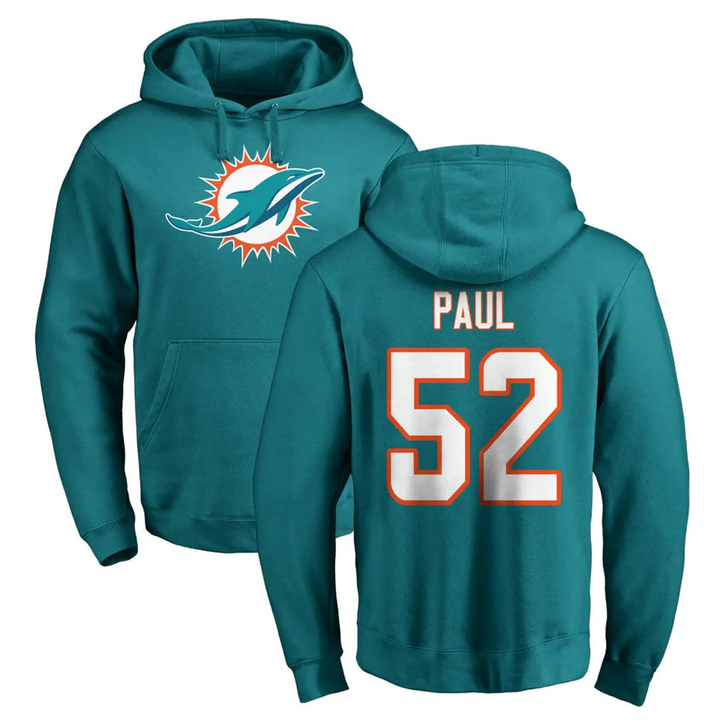 M.Dolphins #52 Patrick Paul Player Aqua LOGO Pullover Hoodies Limited Odoa Stitched Jerseys