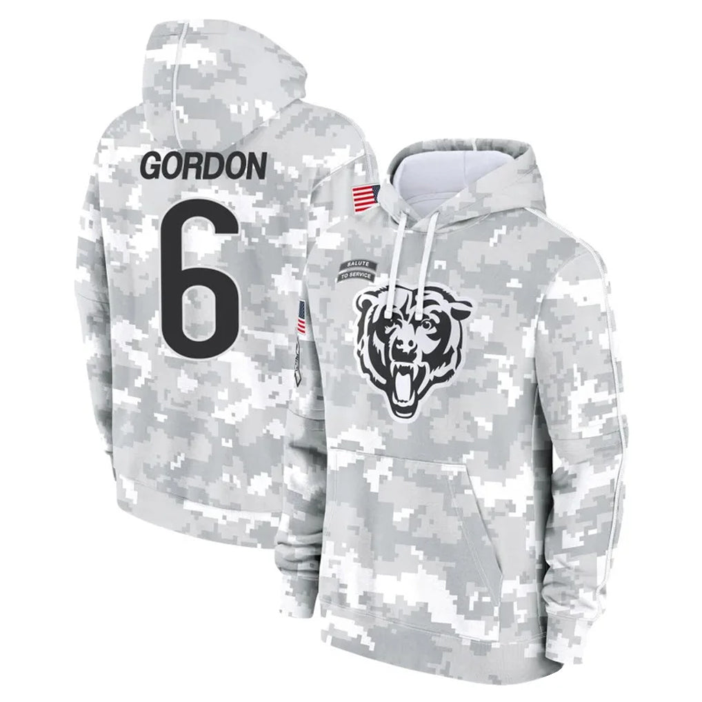 C.Bears #6 Kyler Gordon Player Arctic Camo Salute to Service Pullover Hoodies Limited Odoa Stitched Jerseys