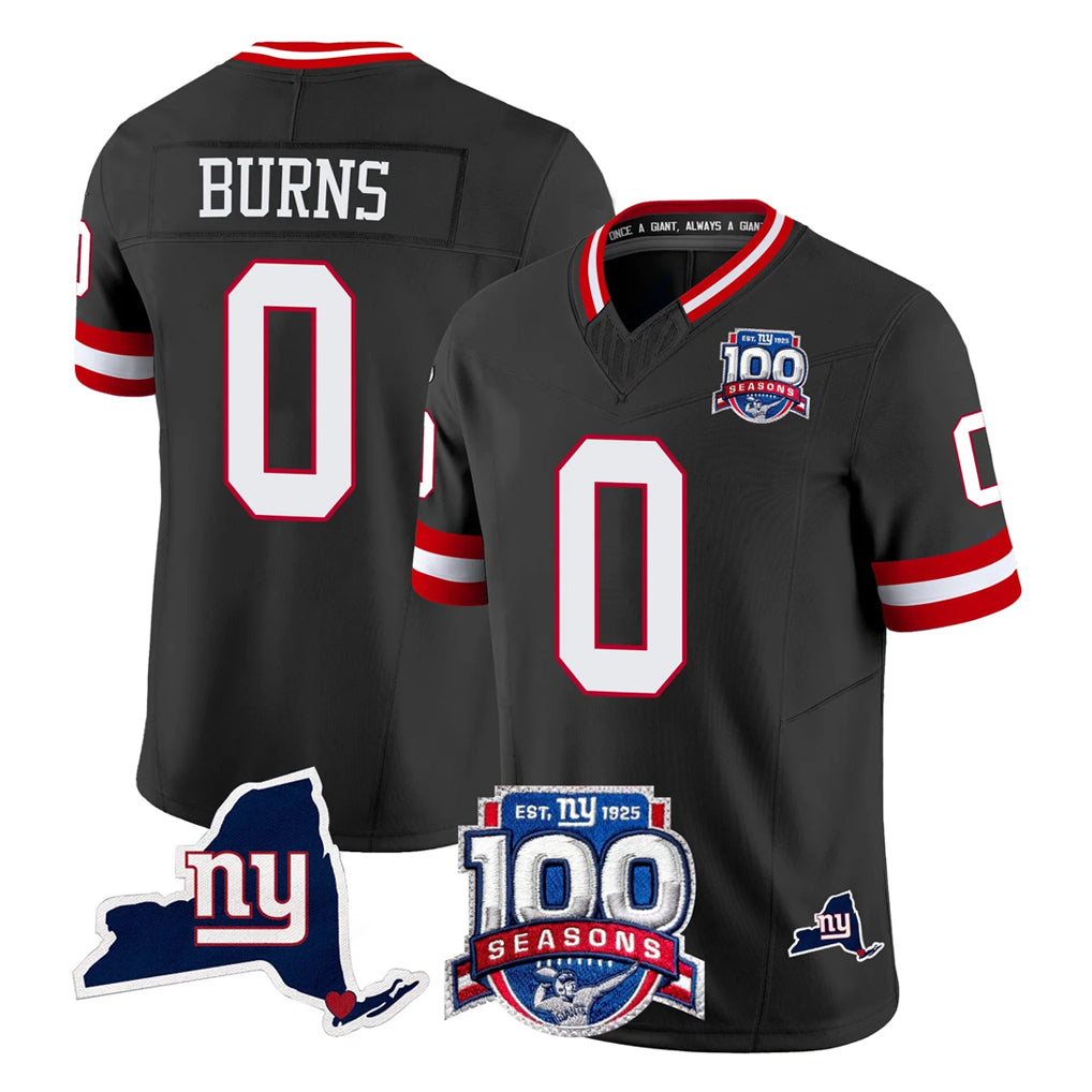 NY.Giants #0 Brian Burns Player Black 100th Season & State Patch Vapor Limited Home Game Odoa Stitched Jerseys