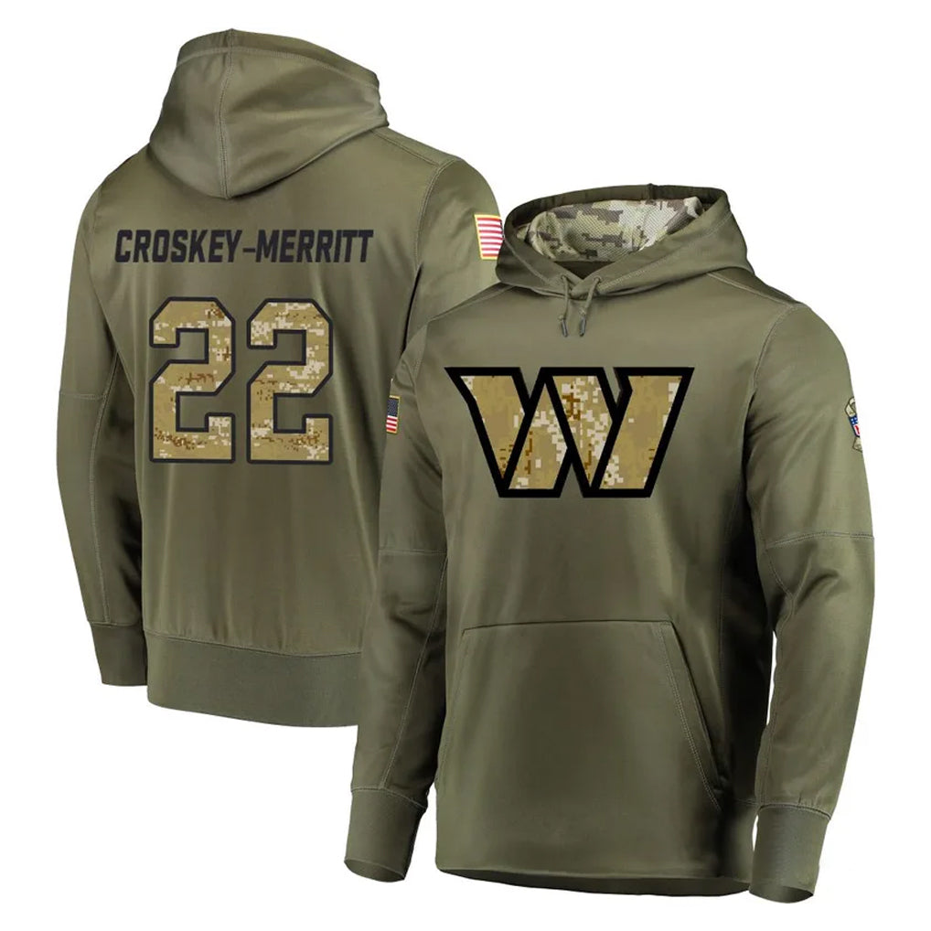 W.Commanders #22 Jacory Croskey-Merritt Player Olive Salute to Service Pullover Hoodie Limited Home Game Odoa Stitched Jerseys