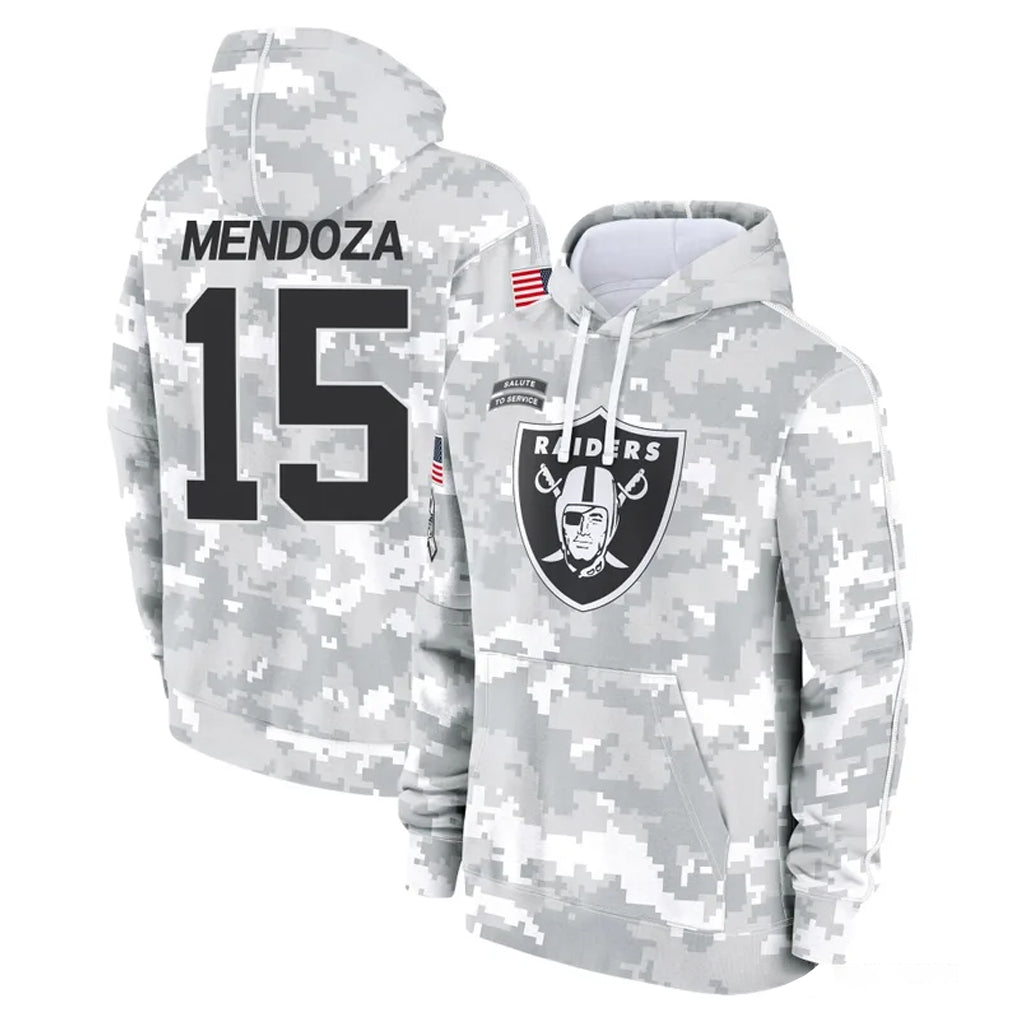 LV.Raiders #15 Fernando Mendoza Player Arctic Camo Salute to Service Hoodies Limited Game Odoa Stitched Jerseys