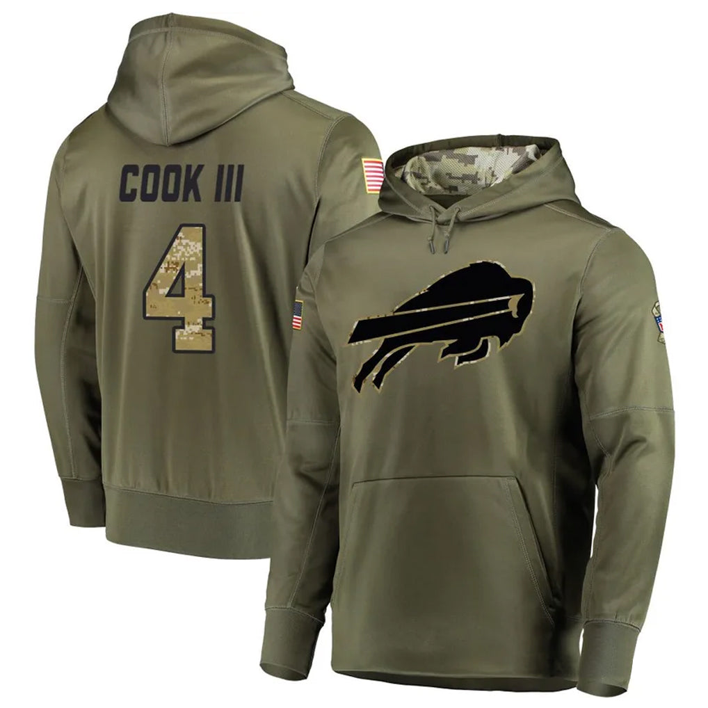 B.Bills #4 James Cook III Player Olive Salute to Service Hoodies Game Odoa Stitched Jerseys