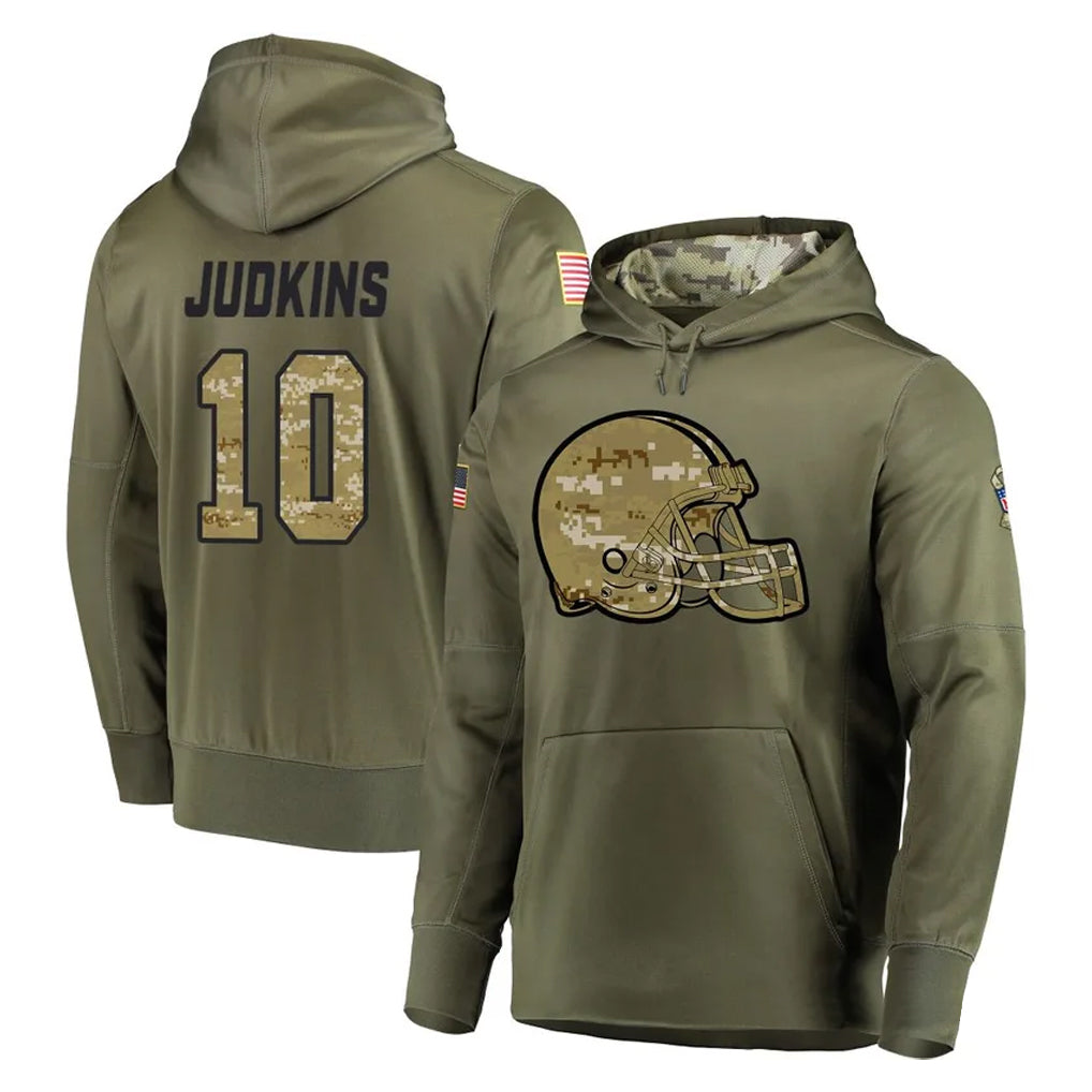 C.Browns #10 Quinshon Judkins Player Olive Salute to Service Pullover Hoodies Home Game Odoa Stitched Jerseys
