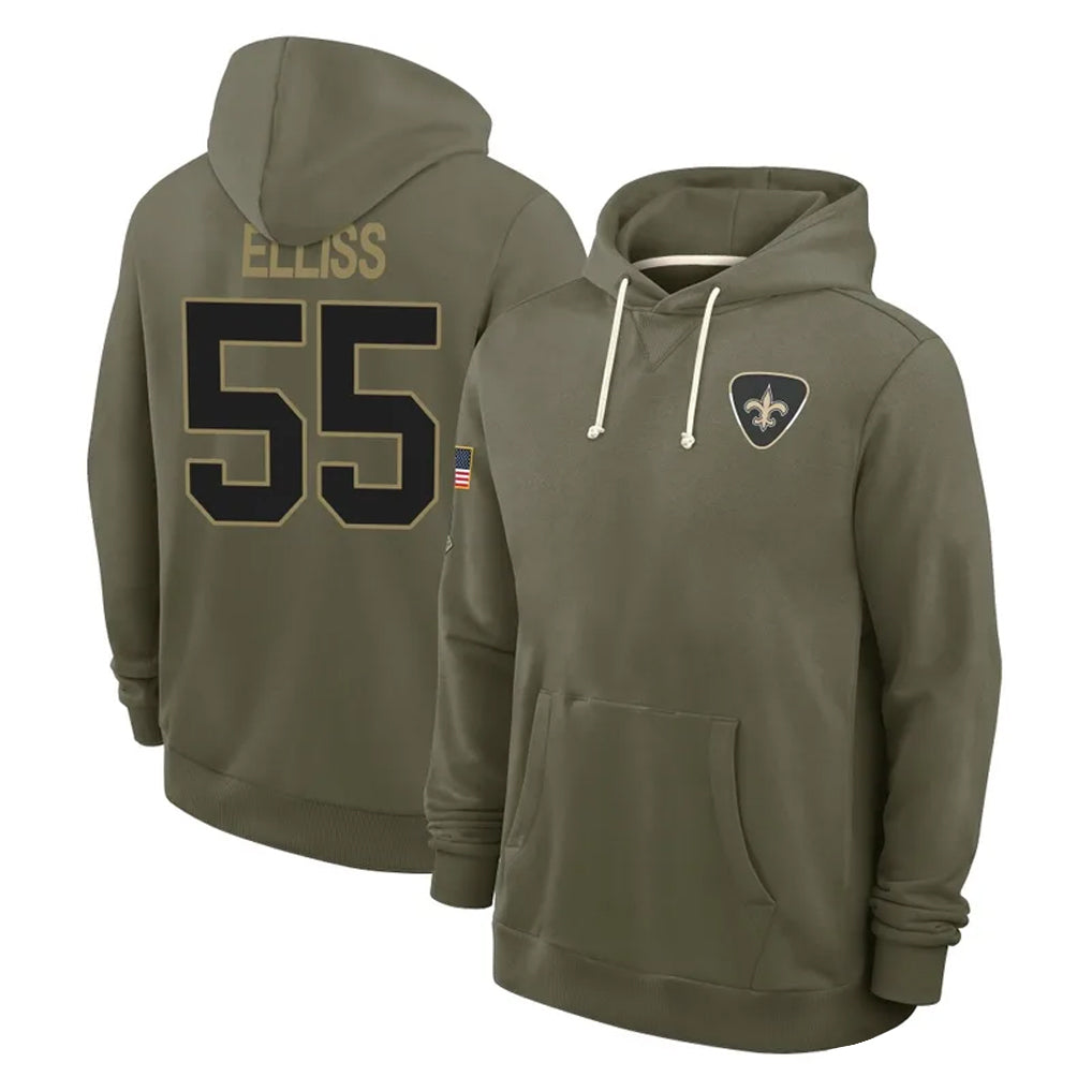 NO.Saints #55 Kaden Elliss Player Olive Salute to Service Pullover Hoodies Limited Odoa Stitched Jerseys