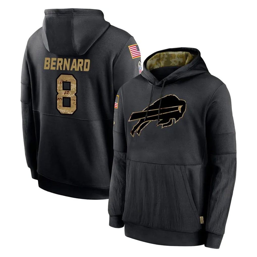 B.Bills #8 Terrel Bernard Player Black Salute to Service Hoodies Odoa Stitched Jersey