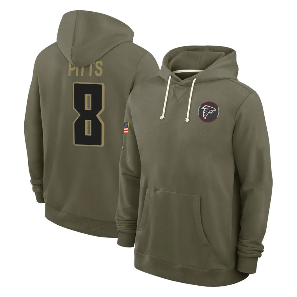 A.Falcons #8 Kyle Pitts Sr. Player Olive 2025 Salute to Service Hoodies Odoa Stitched Jerseys