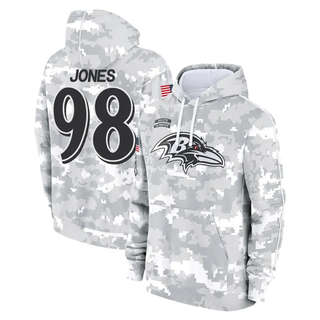 B.Ravens #98 Travis Jones Player Arctic Camo Salute to Service Pullover Hoodie Odoa Stitched Jerseys
