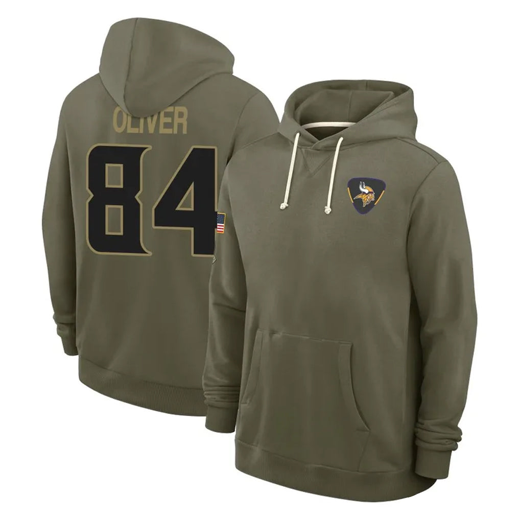 M.Vikings #84 Josh Oliver Player Olive Salute to Service Pullover Hoodies Limited Odoa Stitched Jerseys