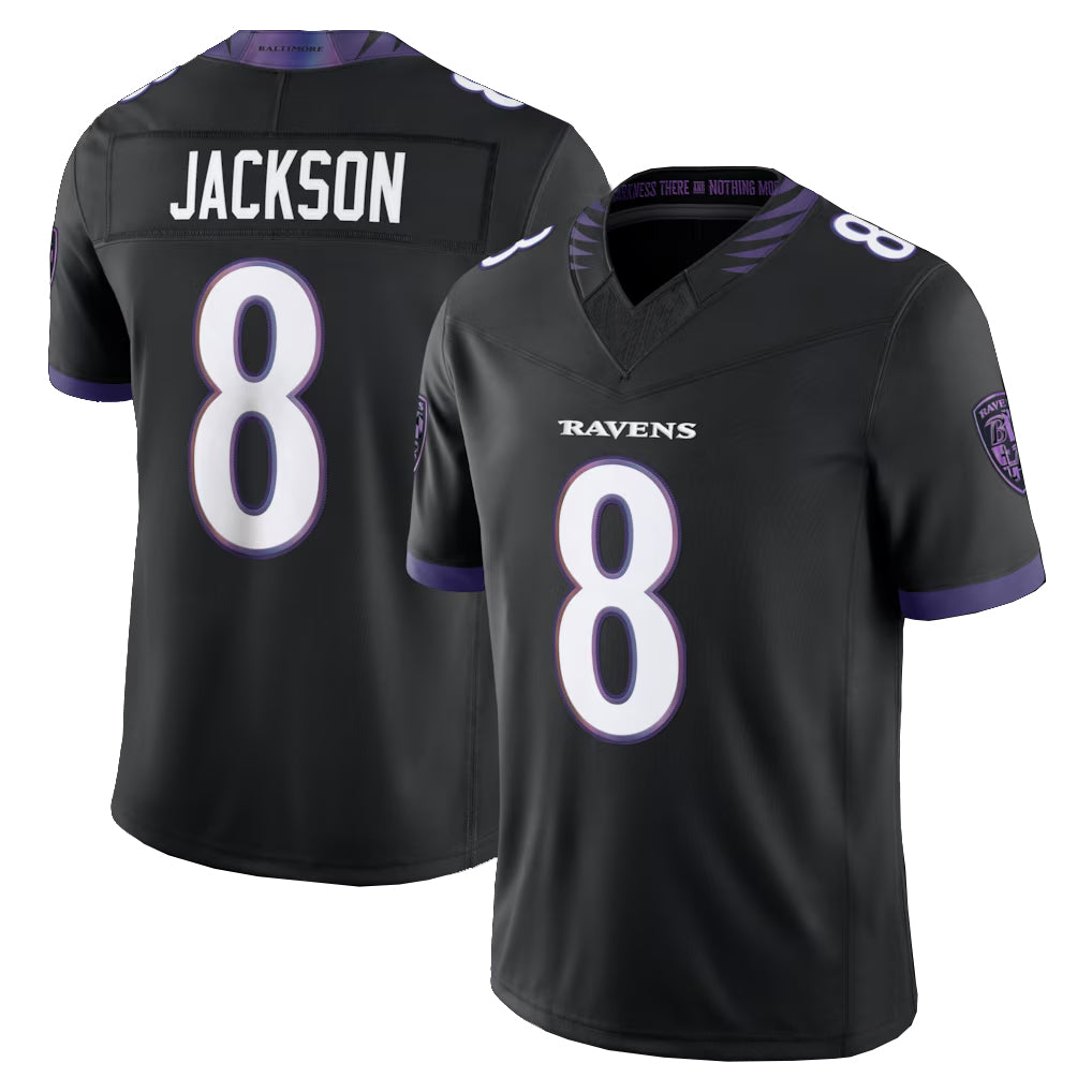 B.Ravens #8 Lamar Jackson Player Black Limited Elite Home Game Odoa Stitched Jerseys