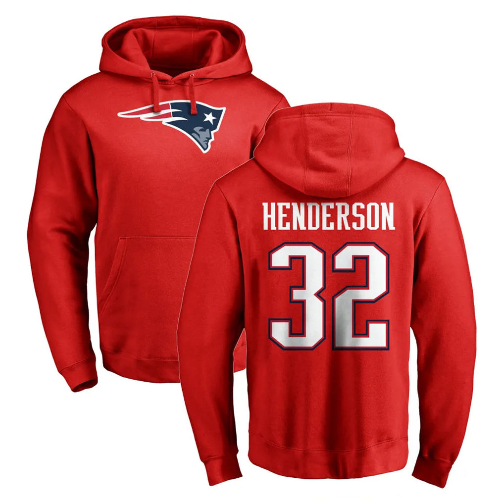 NE.Patriots #32 TreVeyon Henderson Player Red LOGO Pullover Hoodies Home Game Odoa Stitched Jerseys