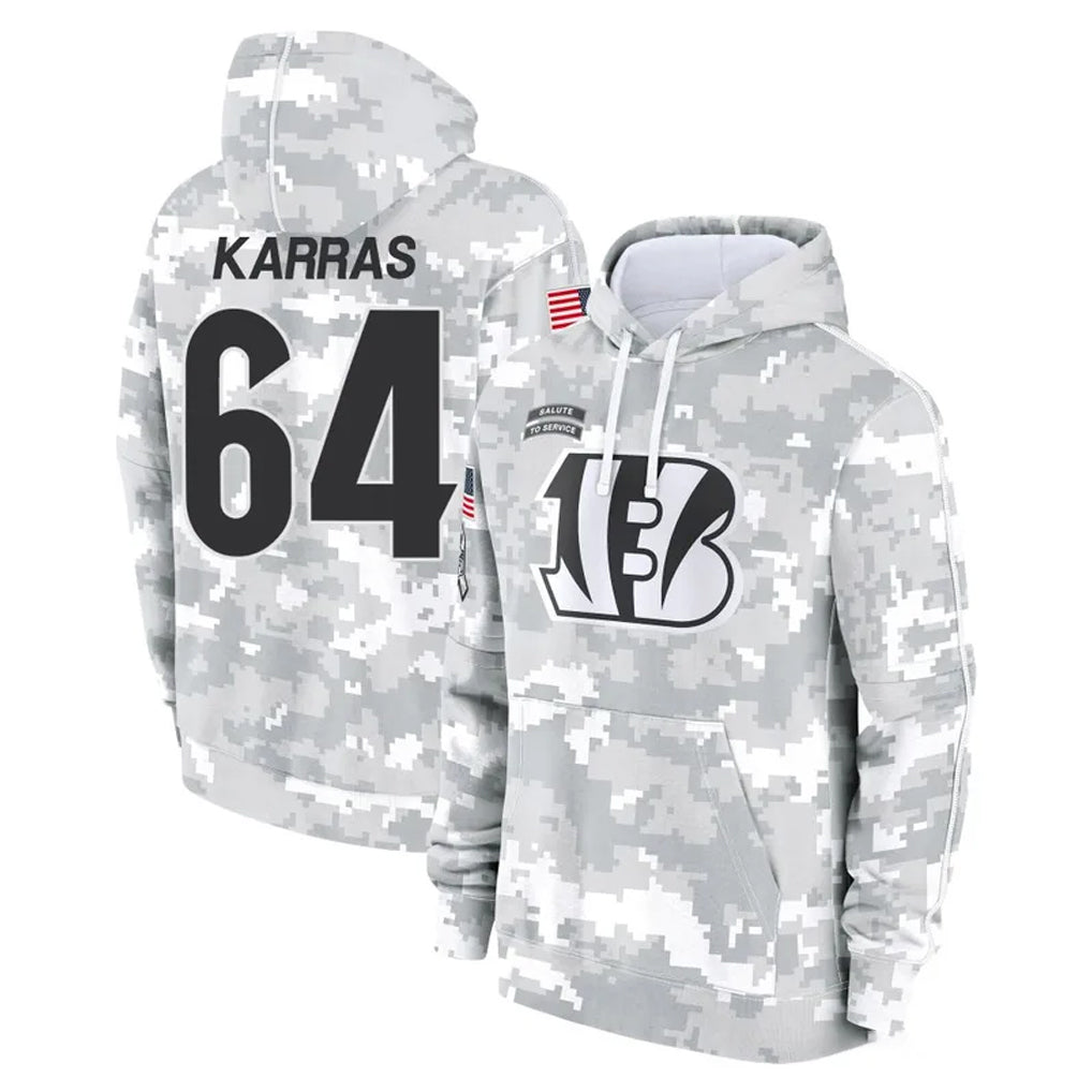 C.Bengals #64 Ted Karras Player Arctic Camo Salute to Service Pullover Hoodie Limited Odoa Stitched Jerseys