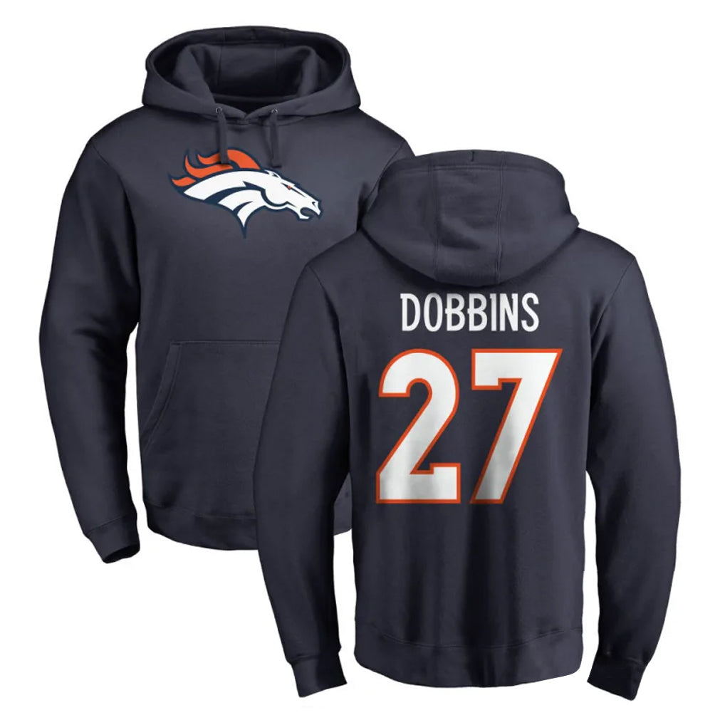D.Broncos #27 J.K. Dobbins Player Navy Pullover Hoodie Limited Odoa Stitched Jerseys