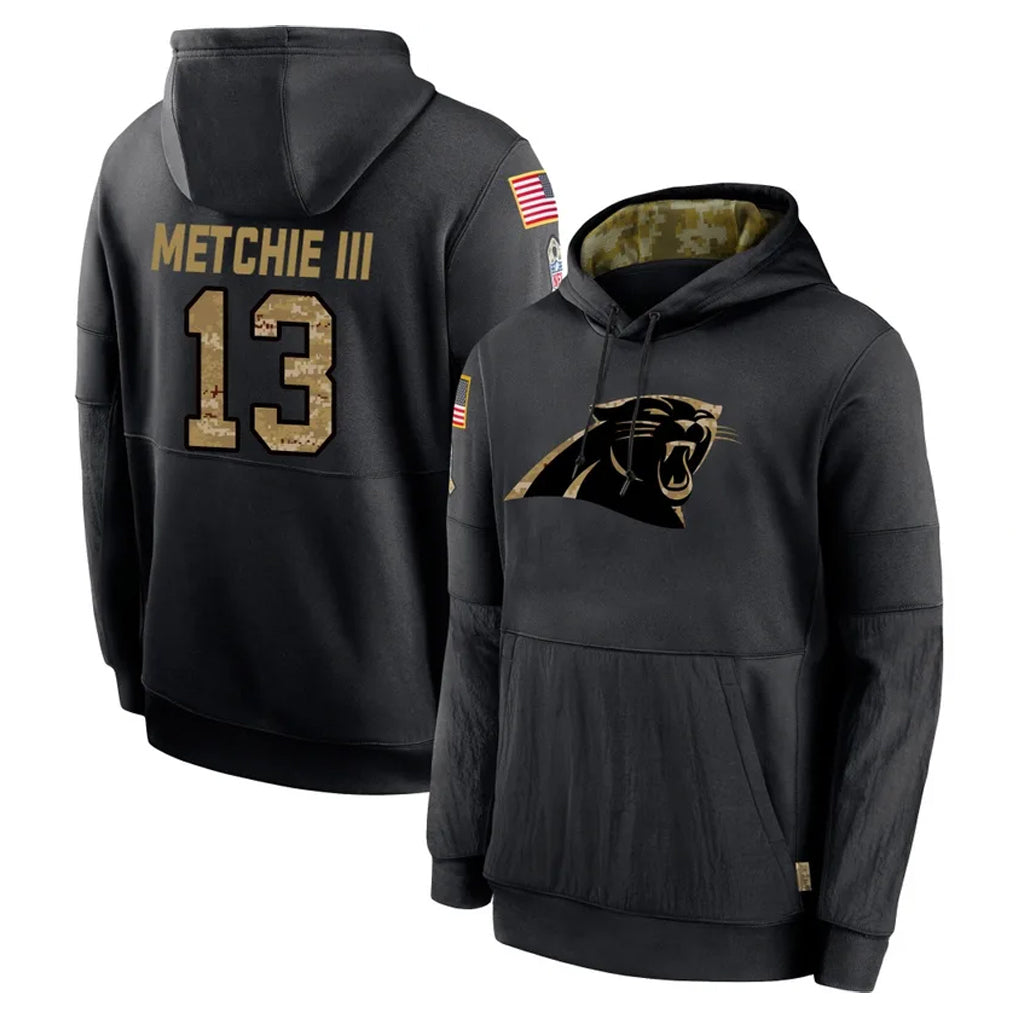 C.Panthers #13 John Metchie III Player Black Salute to Service Pullover Hoodies Limited Game Odoa Stitched Jerseys