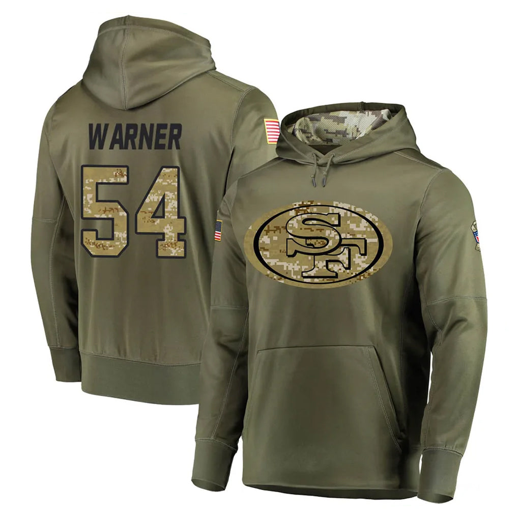 SF.49ers #54 Fred Warner Player Olive Salute to Service Pullover Hoodie Home Game Odoa Stitched Jerseys