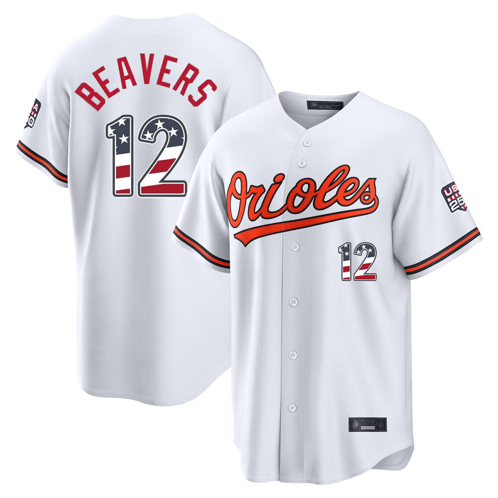 Odoa B.Orioles #12 Dylan Beavers Player White USA 250 Fourth of July Home Game Stitched Jerseys